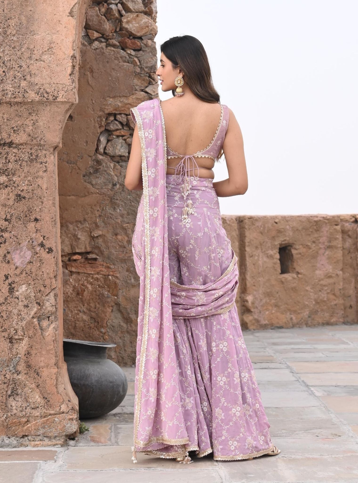 Mulmul Crepe Raahi Lilac Pre-Stitched  Saree