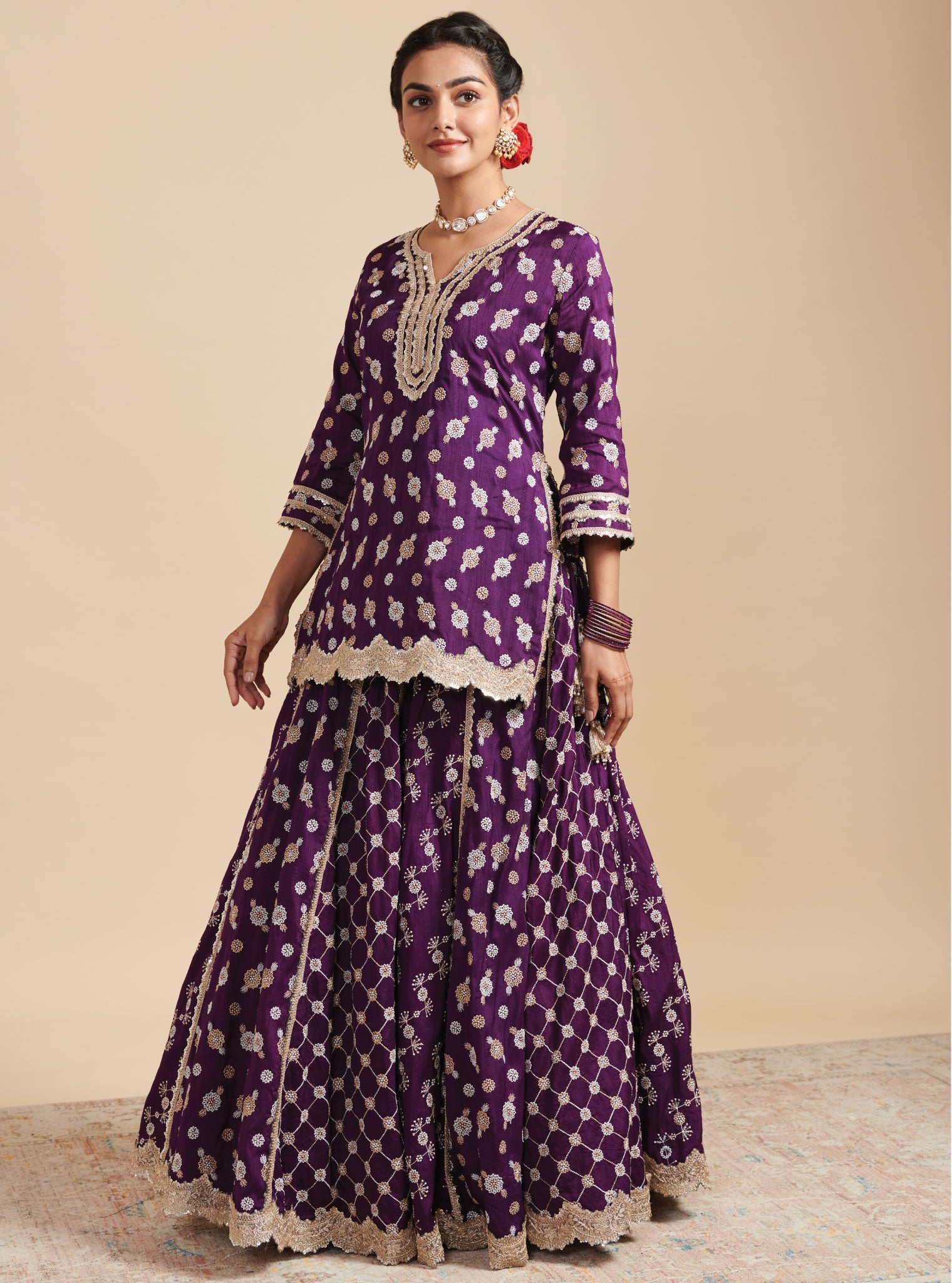 Mulmul Silk Surkh Purple Kurta With Mulmul Silk Surkh Purple Lehenga