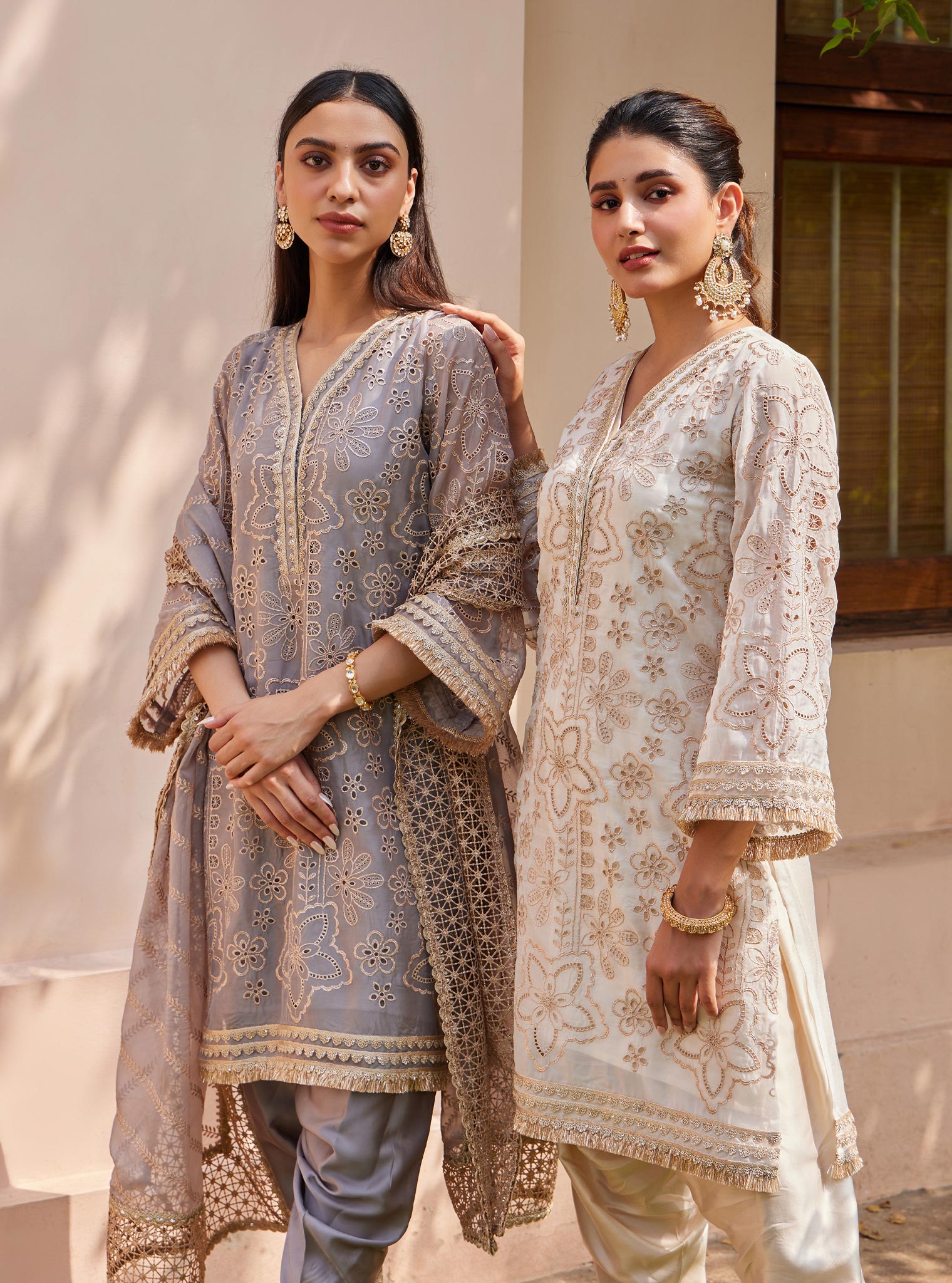 Mulmul Organza Ekani Off white Kurta with Mulmul Cupro Ekani Off white Salwar