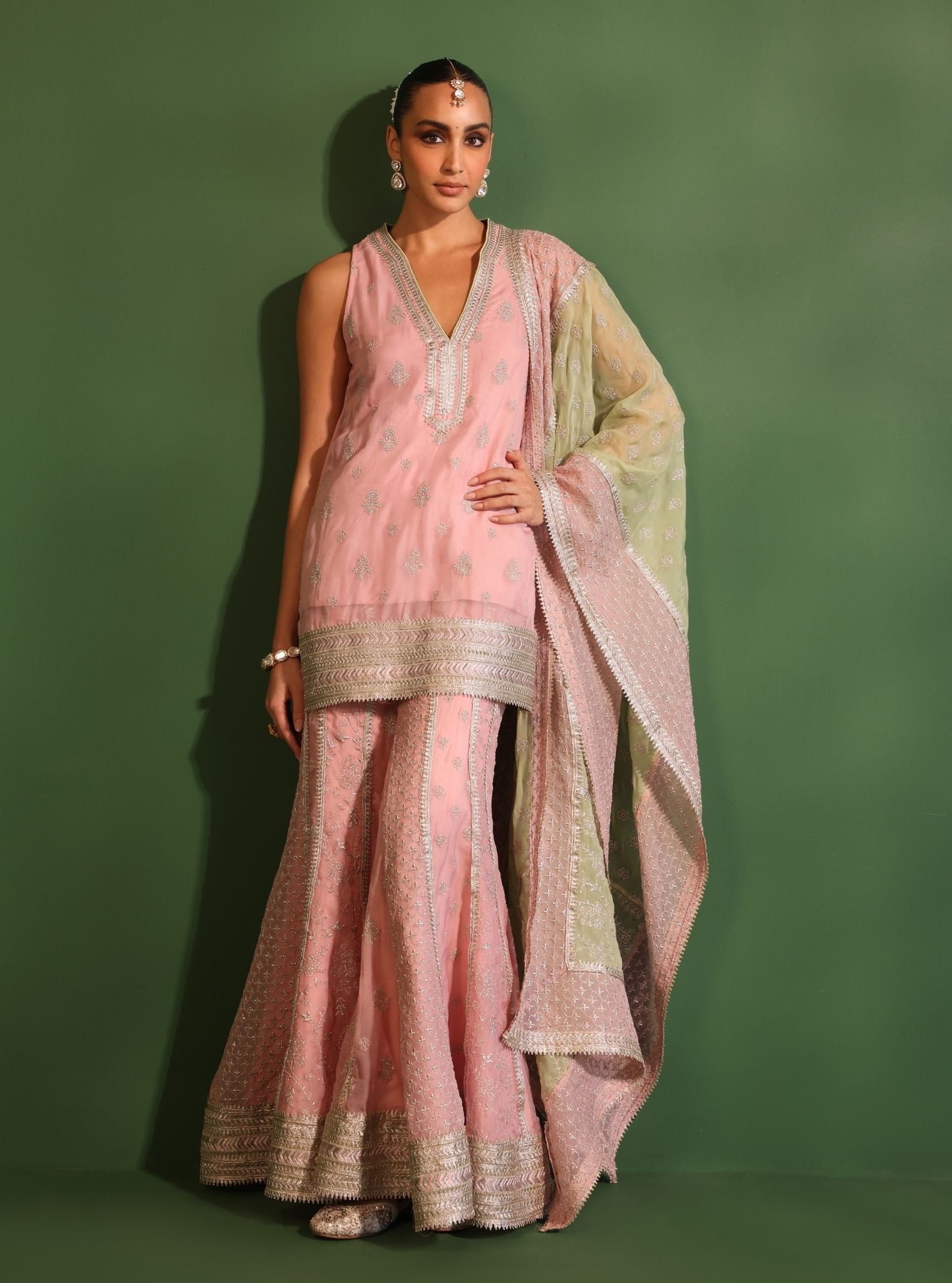 Mulmul Organza Ishq Onion Pink Kurta With Mulmul Organza Ishq Onion Pink Sharara