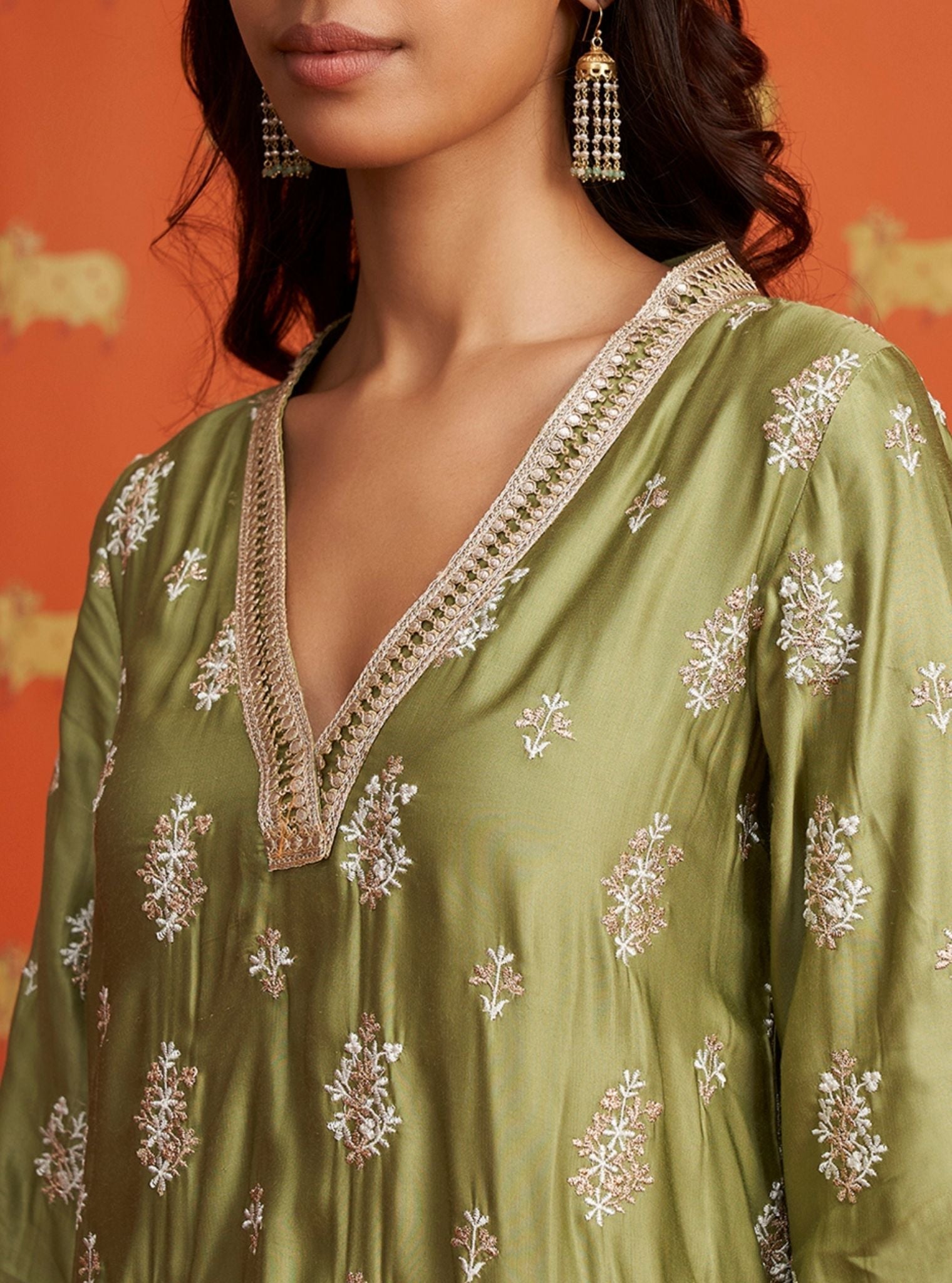 Mulmul Cupro Satin Callaia Moss Green kurta With Mulmul Cupro Satin Callaia Moss Green Salwar