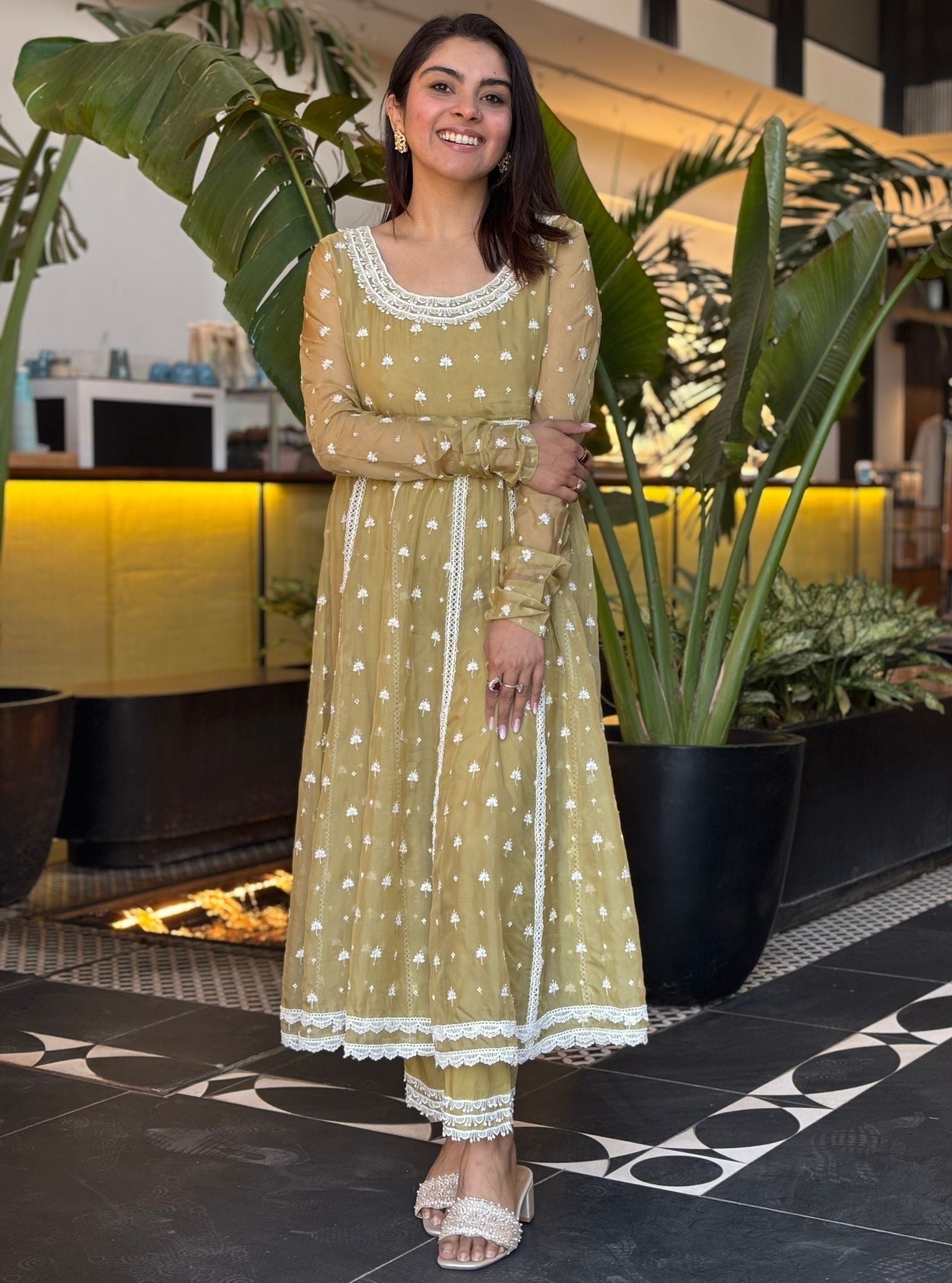 Mulmul Organza Anarkali Raia Green Kurta With Mulmul Cotton Raia Green Pant