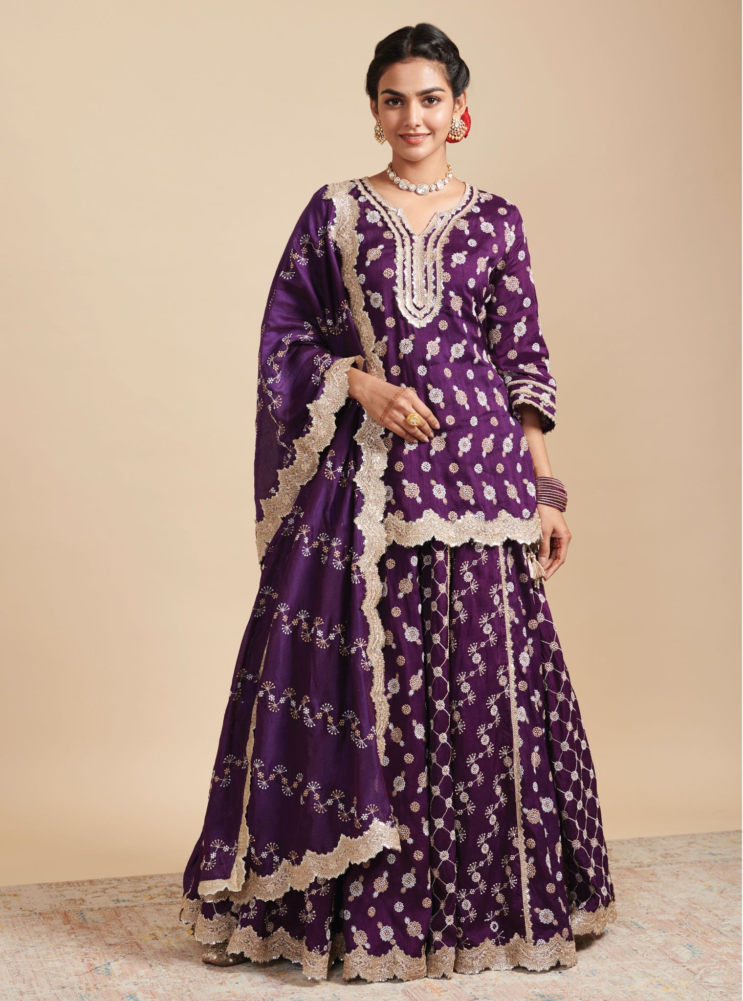 Mulmul Silk Surkh Purple Kurta With Mulmul Silk Surkh Purple Lehenga