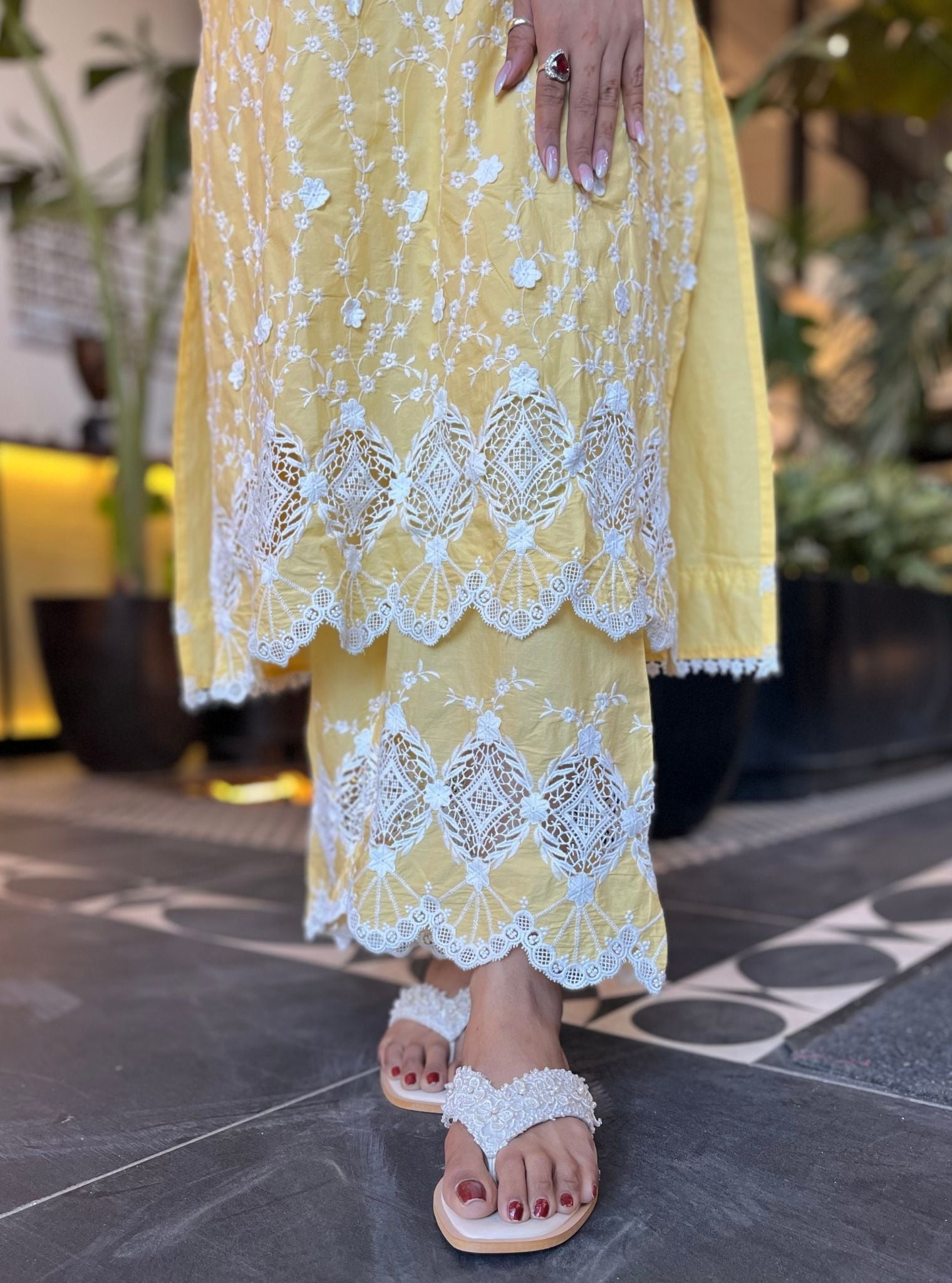 Mulmul Cotton Purna Yellow Kurta With Purna Yellow Palazzo