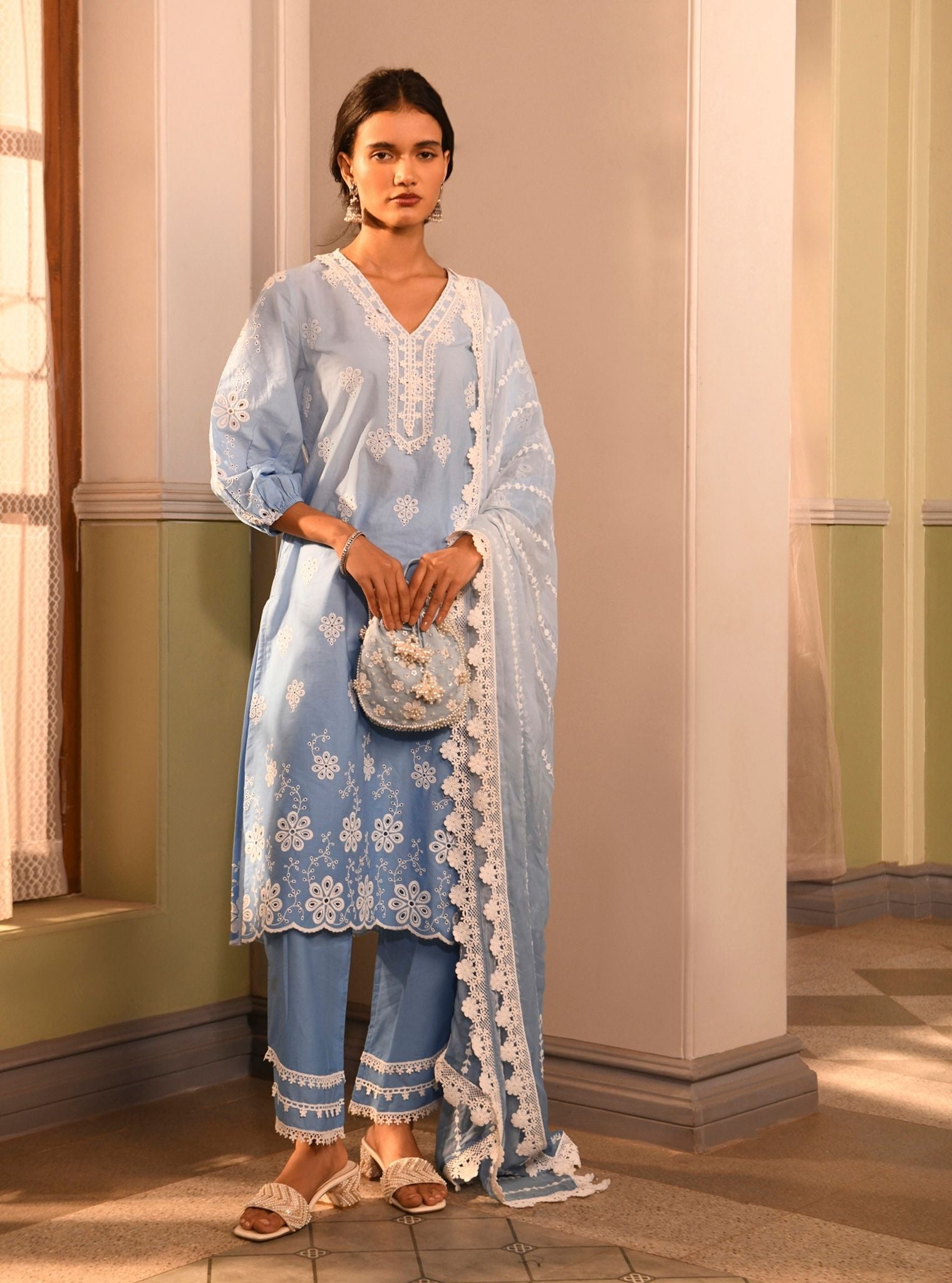 Mulmul Cotton Malta Blue Kurta With Mulmul Cotton Malta Blue Pant