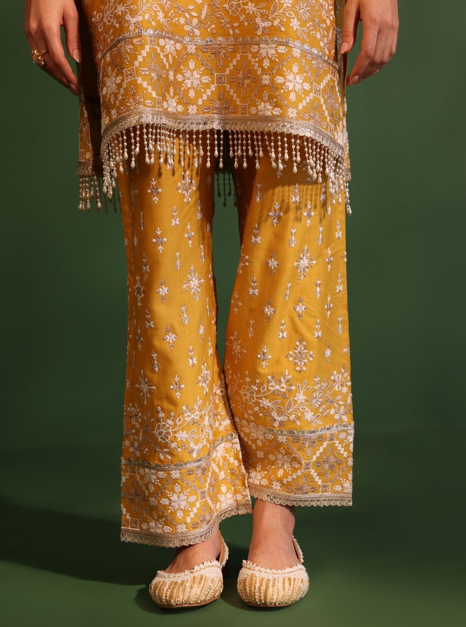 Mulmul Pima Satin Kalander Yellow Kurta With Mulmul Pima Satin Kalander Yellow Pant