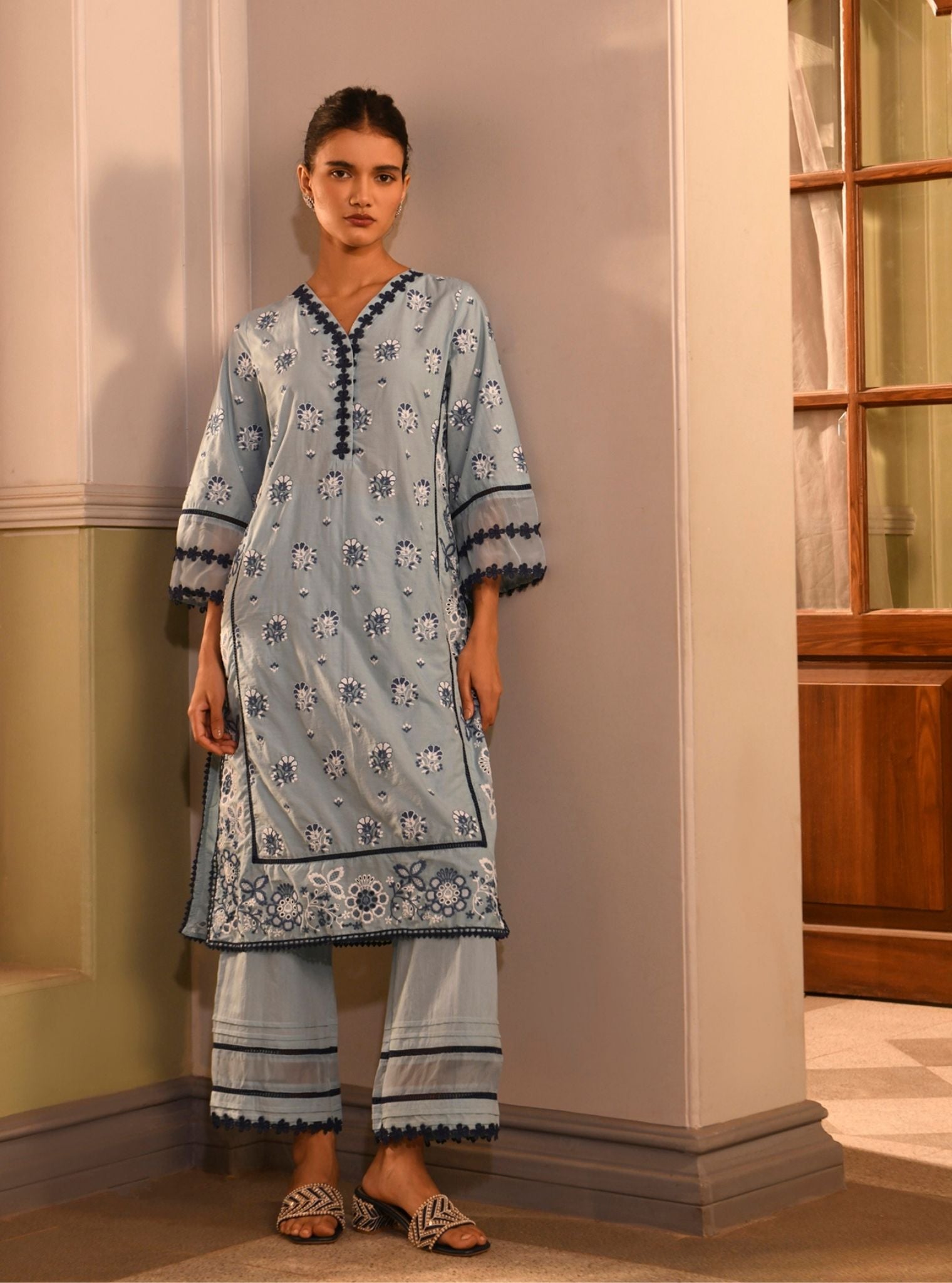 Mulmul Cotton Banu Light Blue Kurta With Mulmul Cotton Banu Light Blue Pant