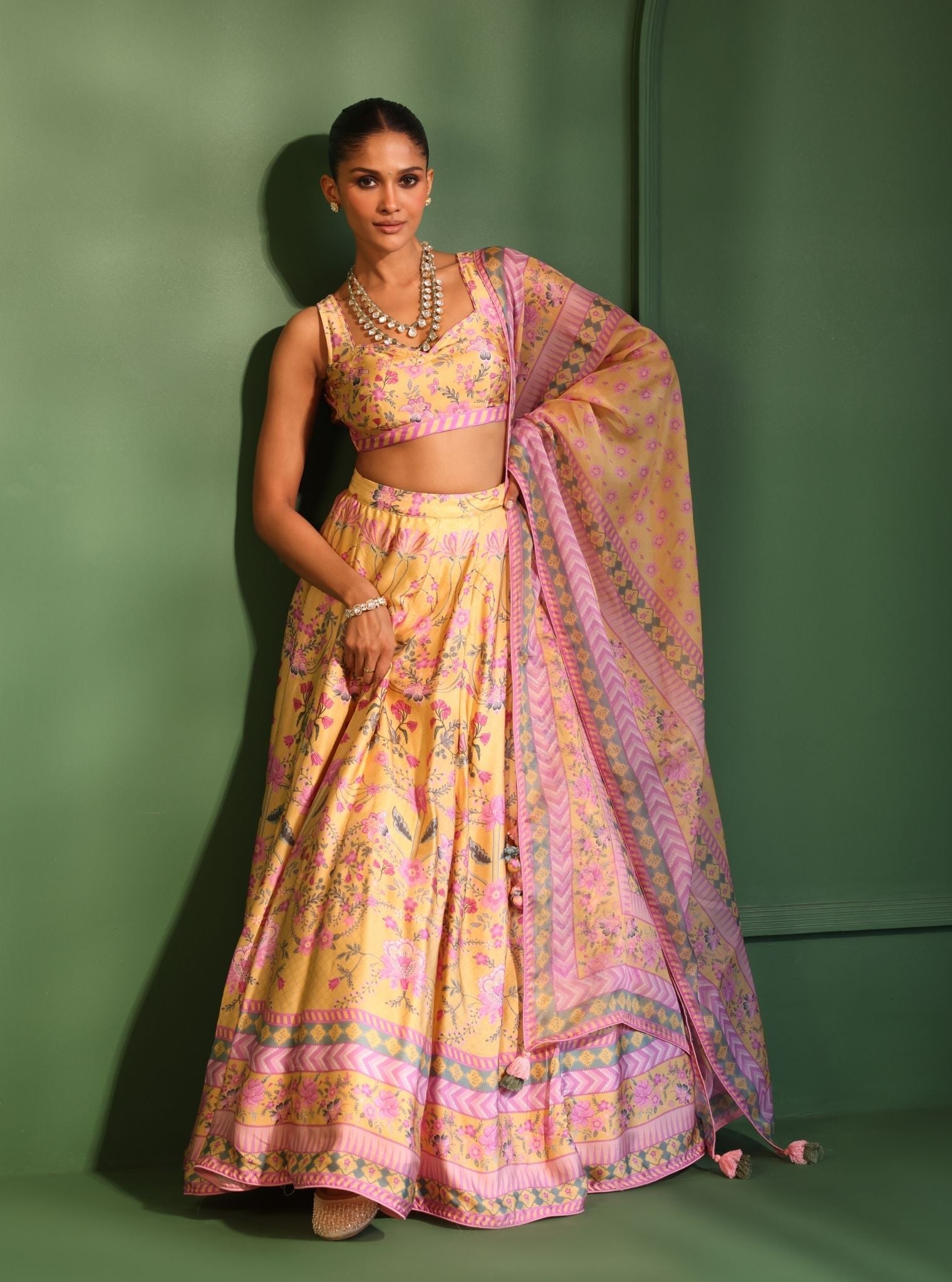 Mulmul Cupro Satin Jhanak Yellow Lehenga with Mulmul Organza Printed Jhanak Yellow Dupatta