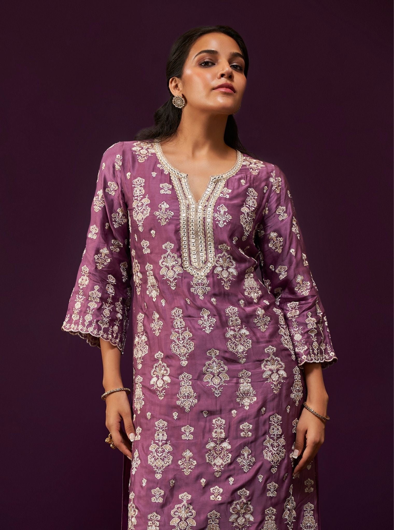 Mulmul Cupro Satin Florentina Purple Kurta With Mulmul Cupro Satin Florentina Purple Pant