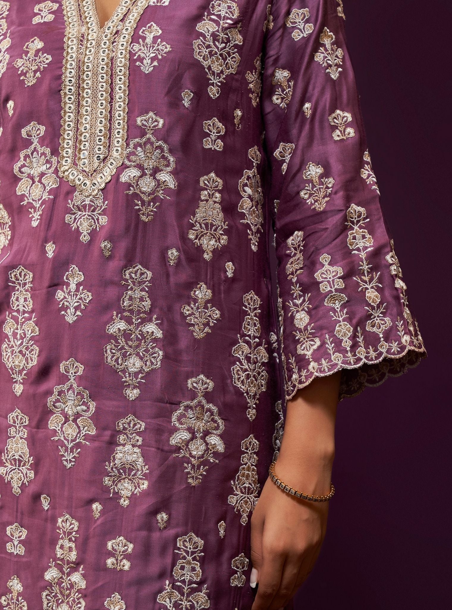 Mulmul Cupro Satin Florentina Purple Kurta With Mulmul Cupro Satin Florentina Purple Pant