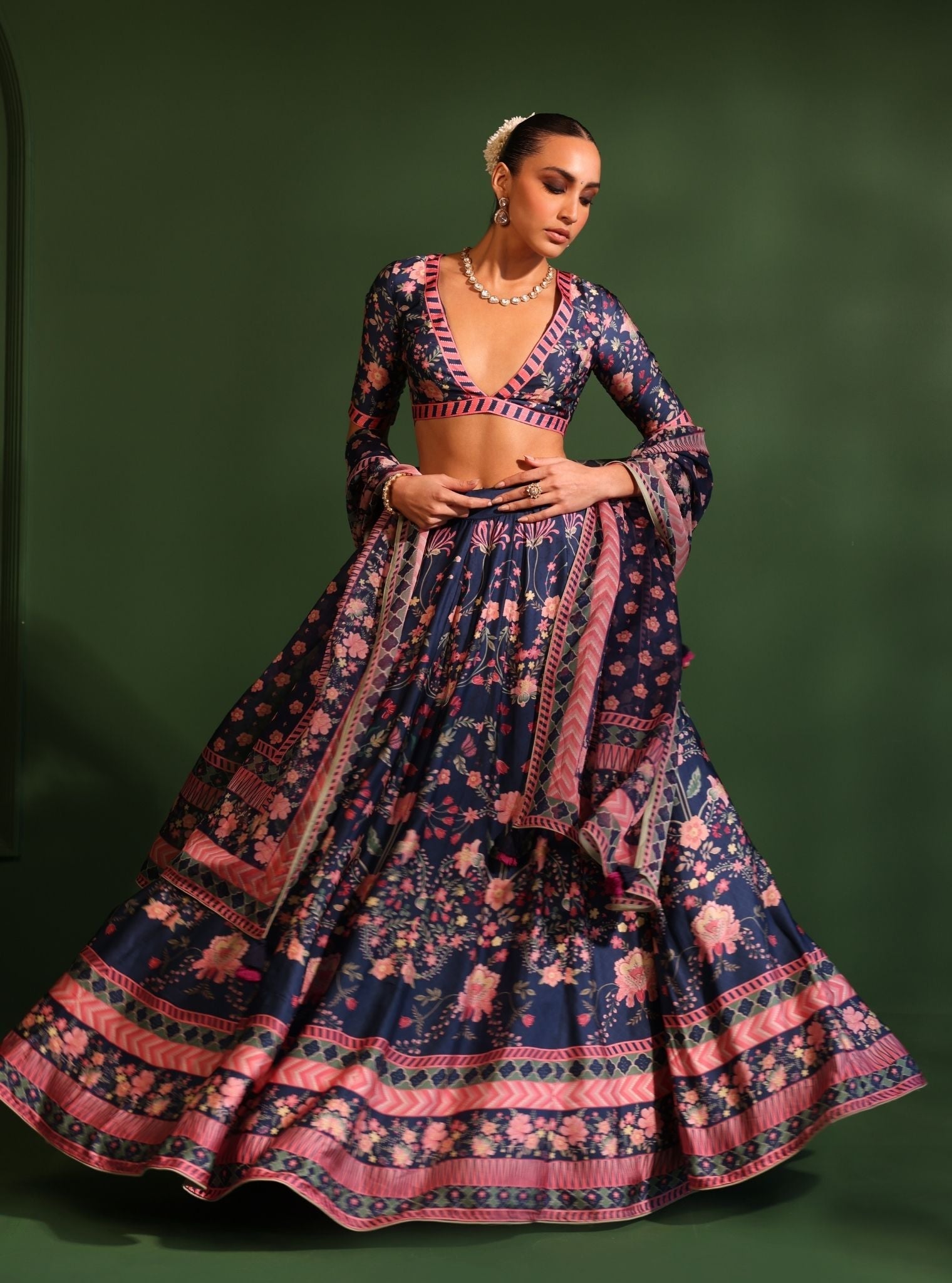 Mulmul Cupro Satin Jhanak Navy Lehenga with Mulmul Organza Printed Jhanak Navy Dupatta