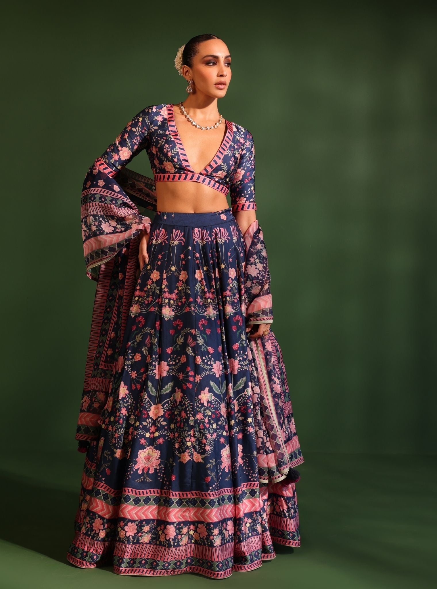 Mulmul Cupro Satin Jhanak Navy Lehenga with Mulmul Organza Printed Jhanak Navy Dupatta