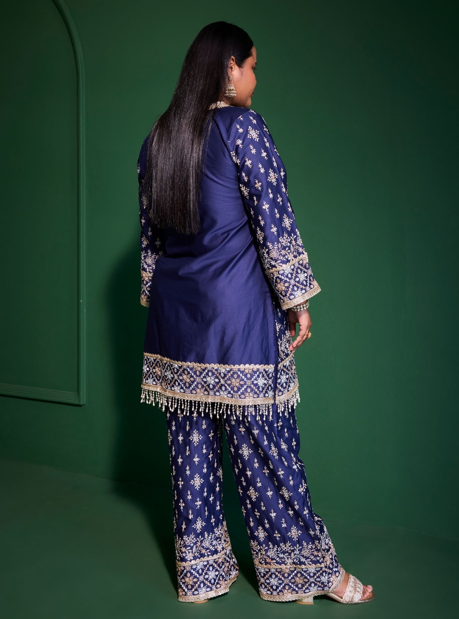 Mulmul Pima Satin Kalander Navy Kurta With Mulmul Pima Satin Kalander Navy Pant