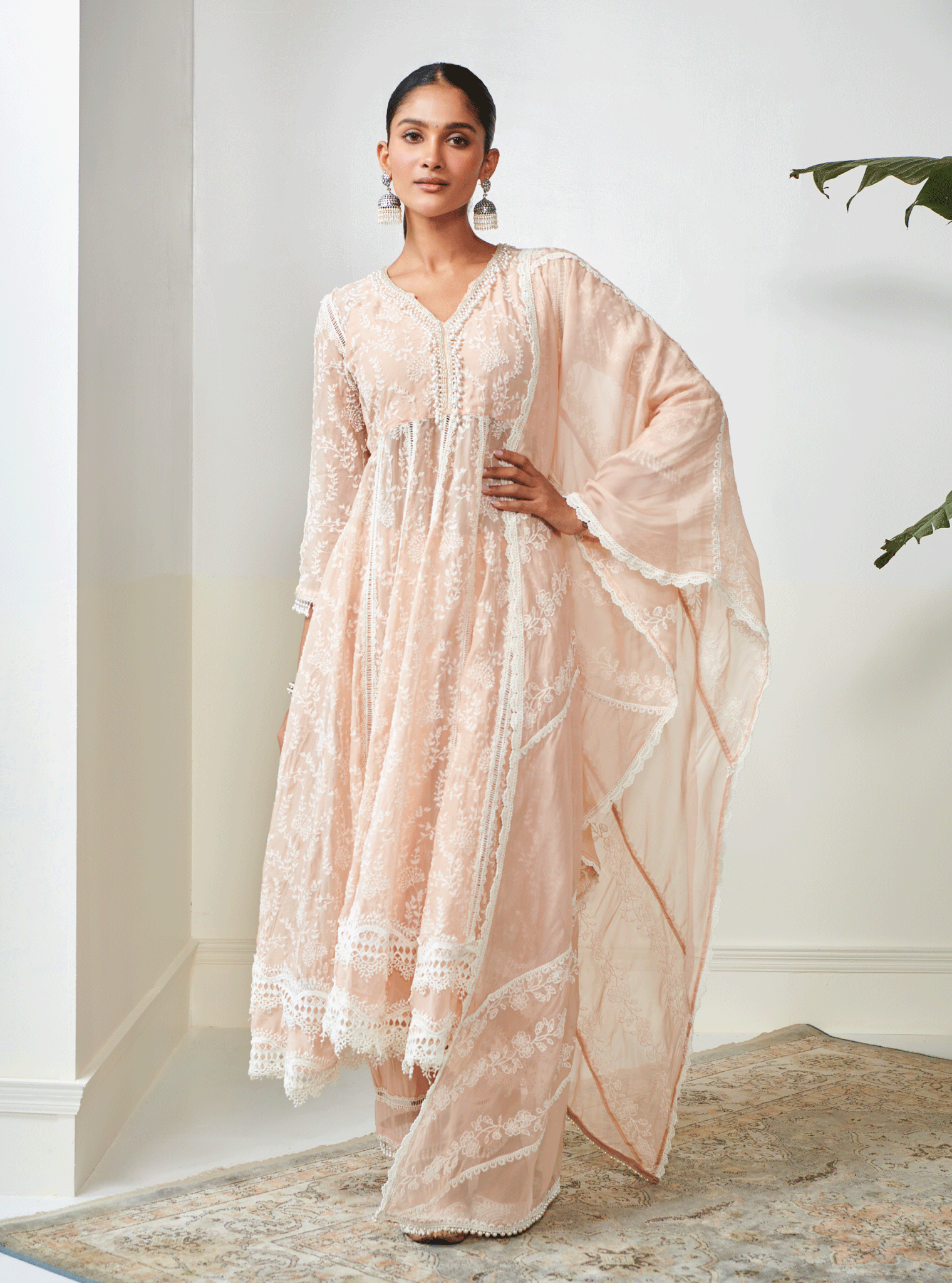 Mulmul Organza Twyla Beige Kurta With Mulmul Cotton Twyla Beige Pant