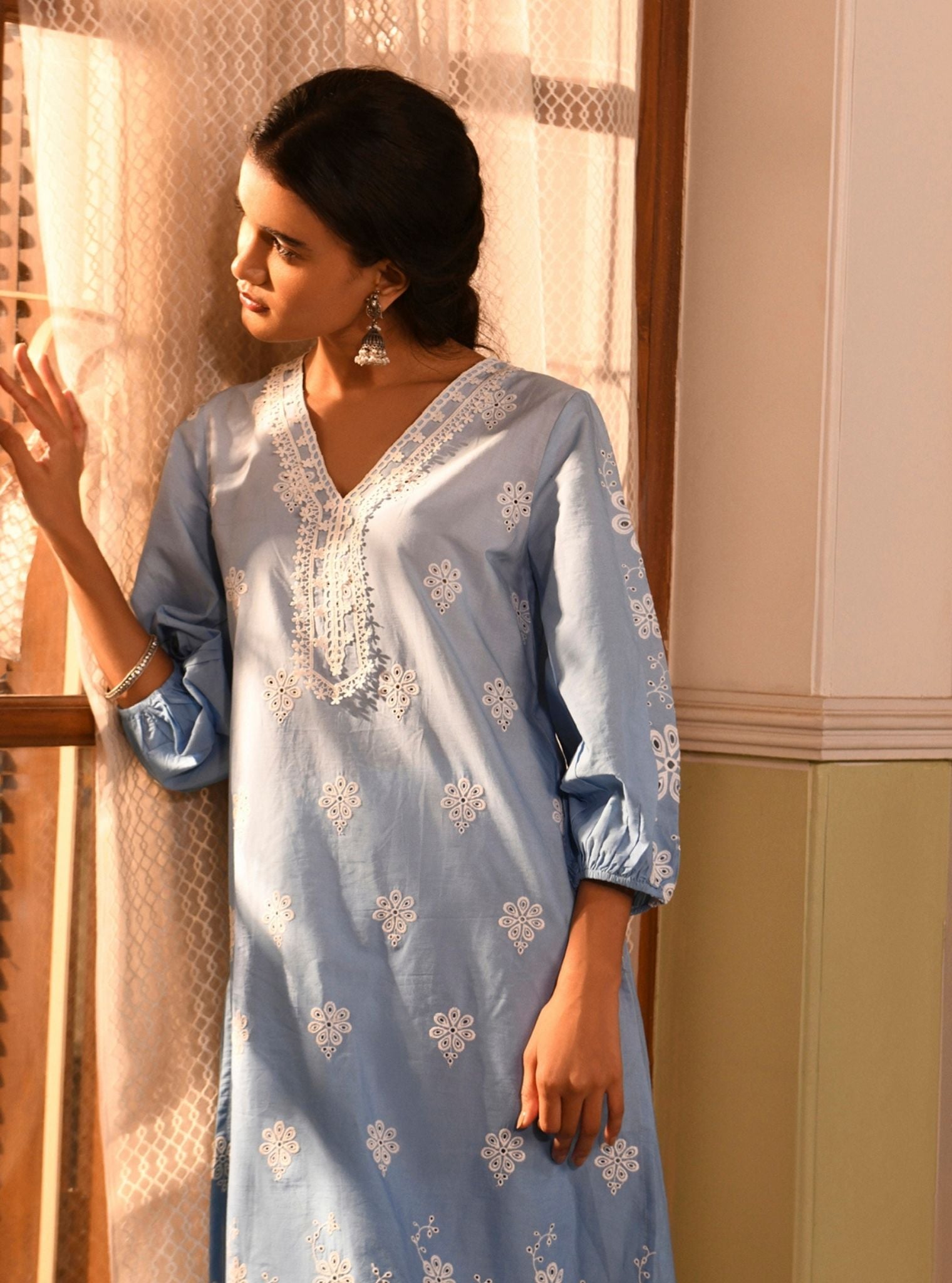 Mulmul Cotton Malta Blue Kurta With Mulmul Cotton Malta Blue Pant