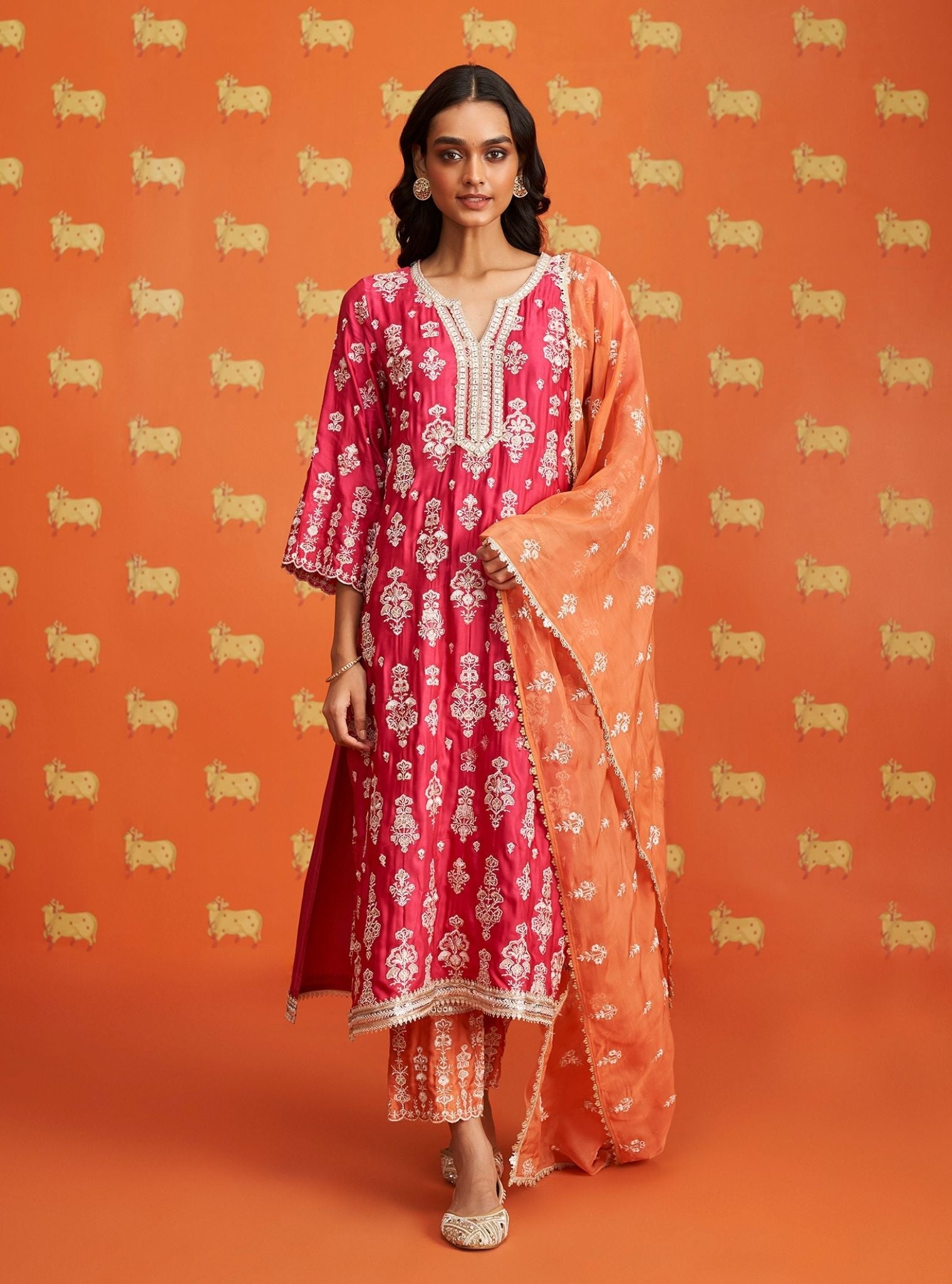 Mulmul Cupro Satin Florentina Fuschia Kurta With Mulmul Cupro Satin Florentina Burnt Orange Pant