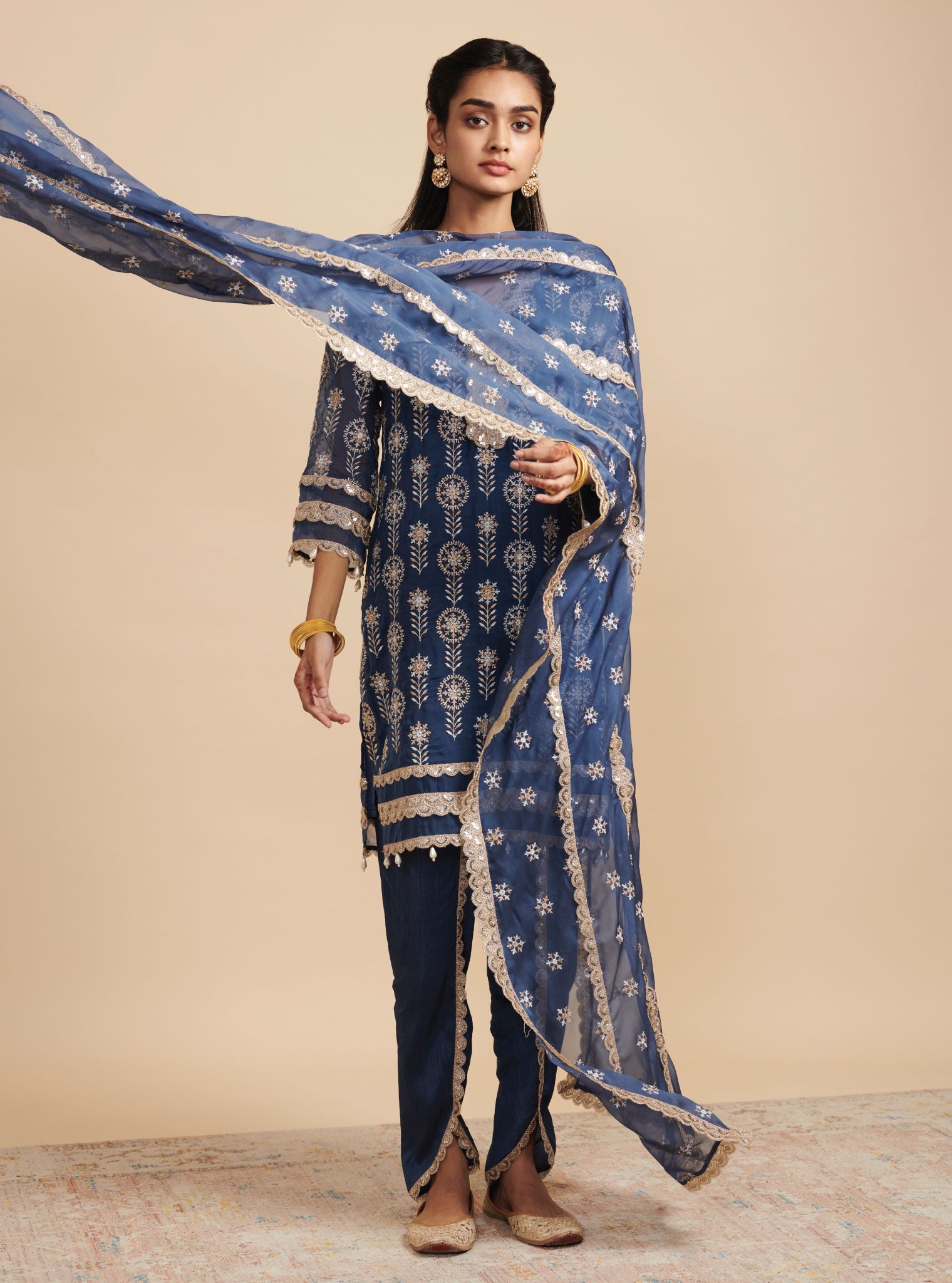 Mulmul Organza Surma Navy Kurta With Mulmul Silk Surma Navy Dhoti Pant