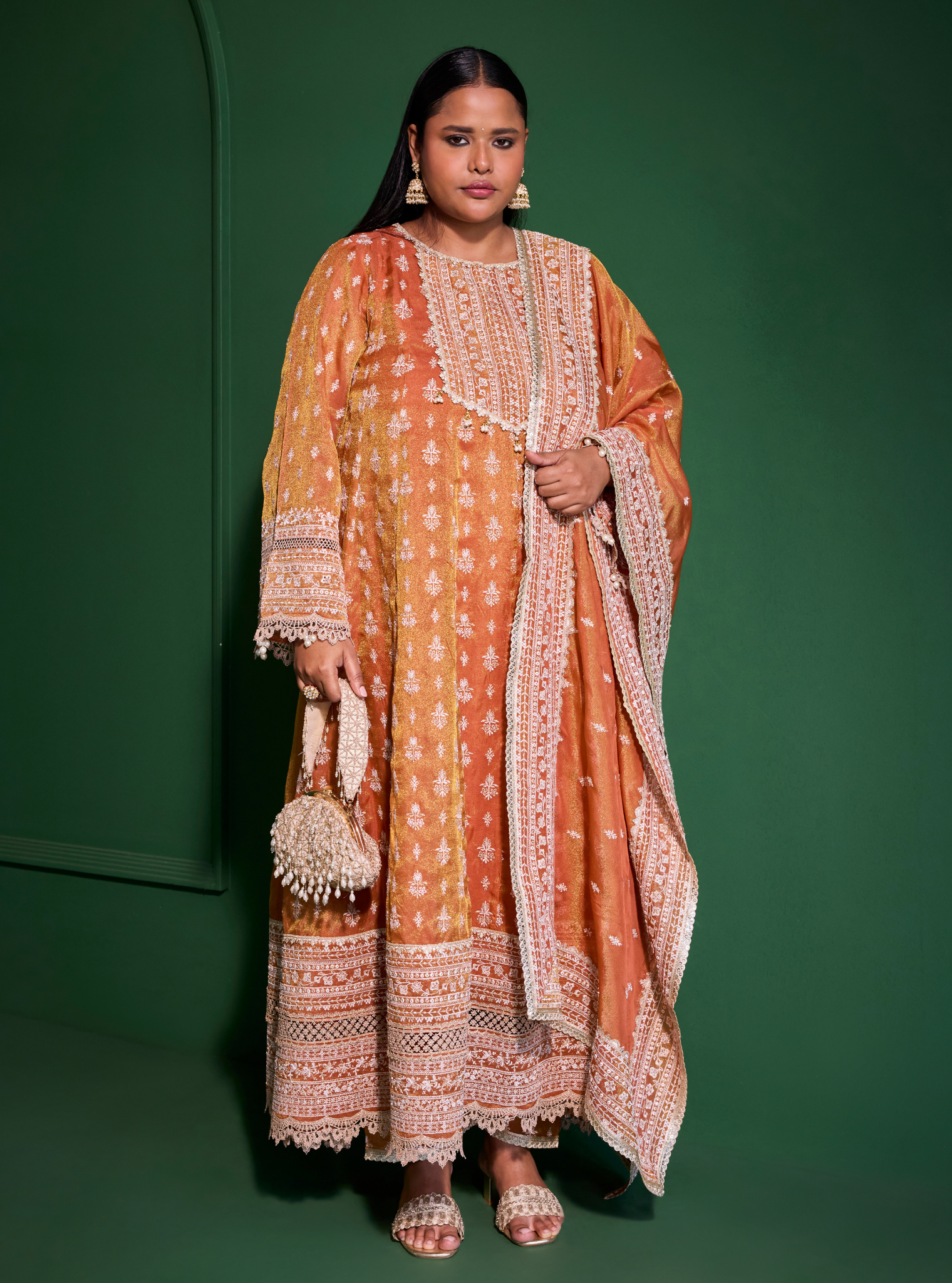 Mulmul Luxe Organza Jalwa Orange Anarkali Kurta With Mulmul Luxe Organza Jalwa Orange Anarkali Kurta