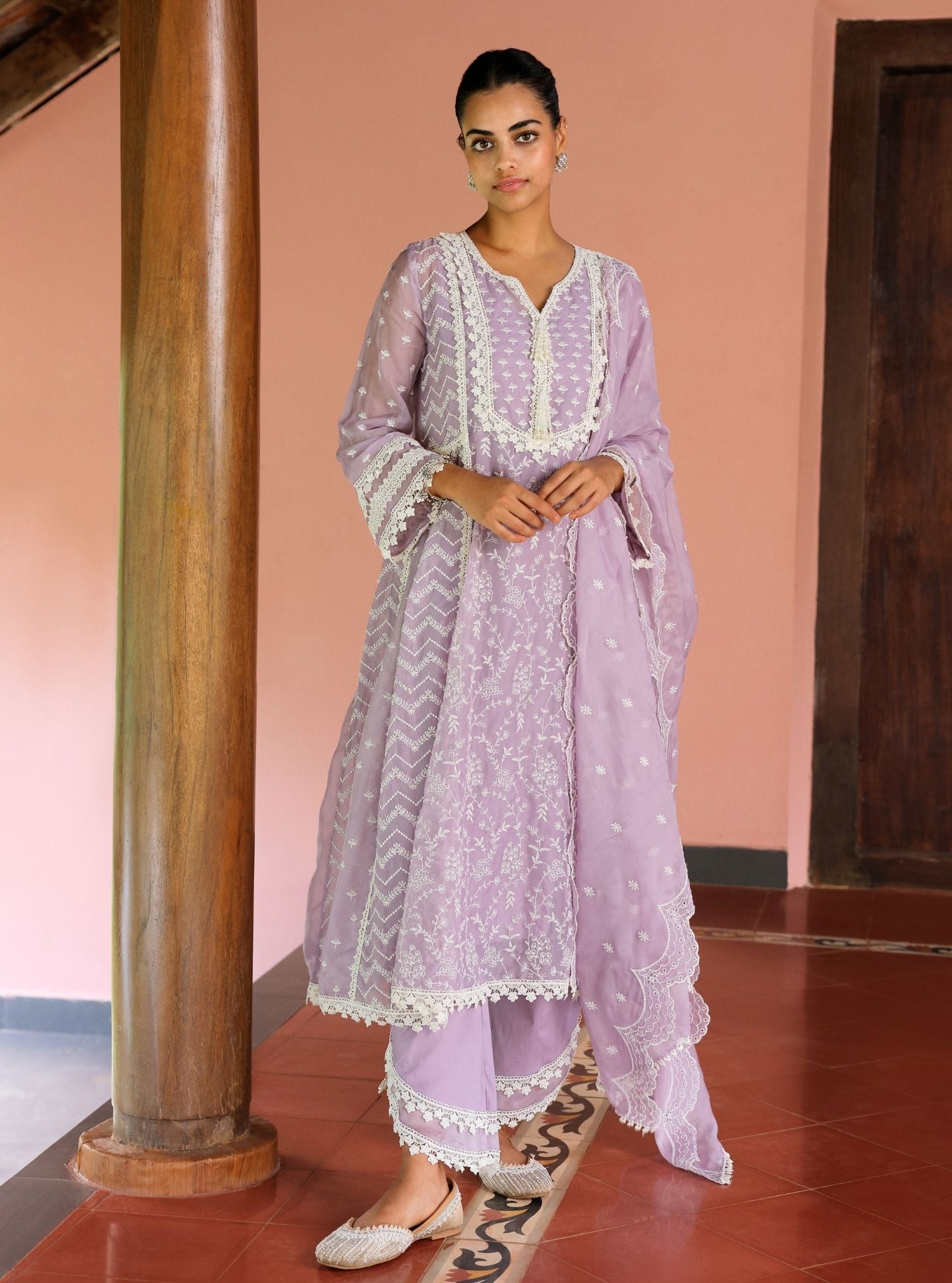 Mulmul Organza Keerth Lavender Anarkali Kurta With Mulmul Cotton Keerth Lavender Pant