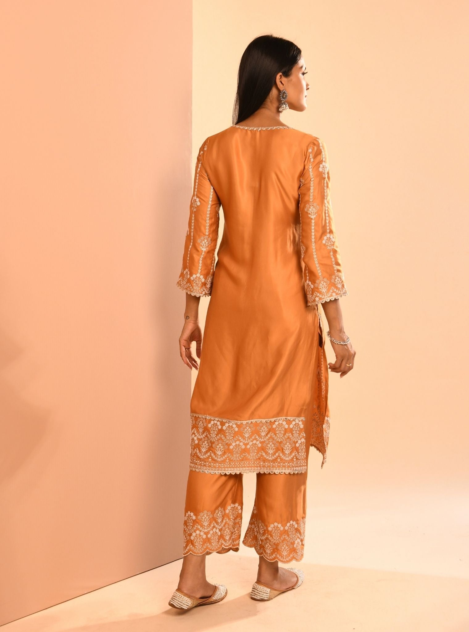 Mulmul Cupro Zoya Orange Kurta With Mulmul Cupro Zoya Orange Pant