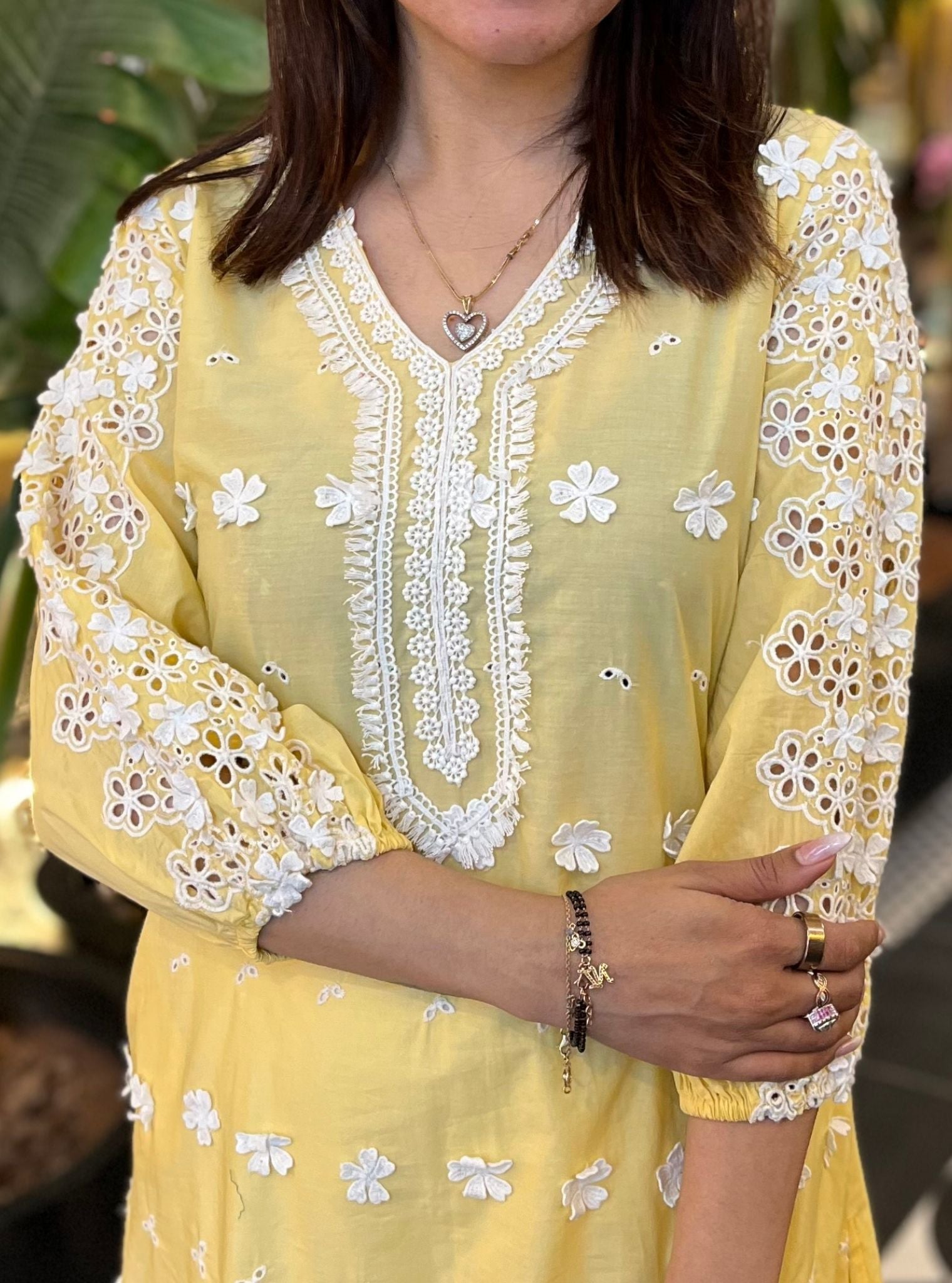 Mulmul Cotton Asota Yellow Kurta With Mulmul Cotton Verla White Pant