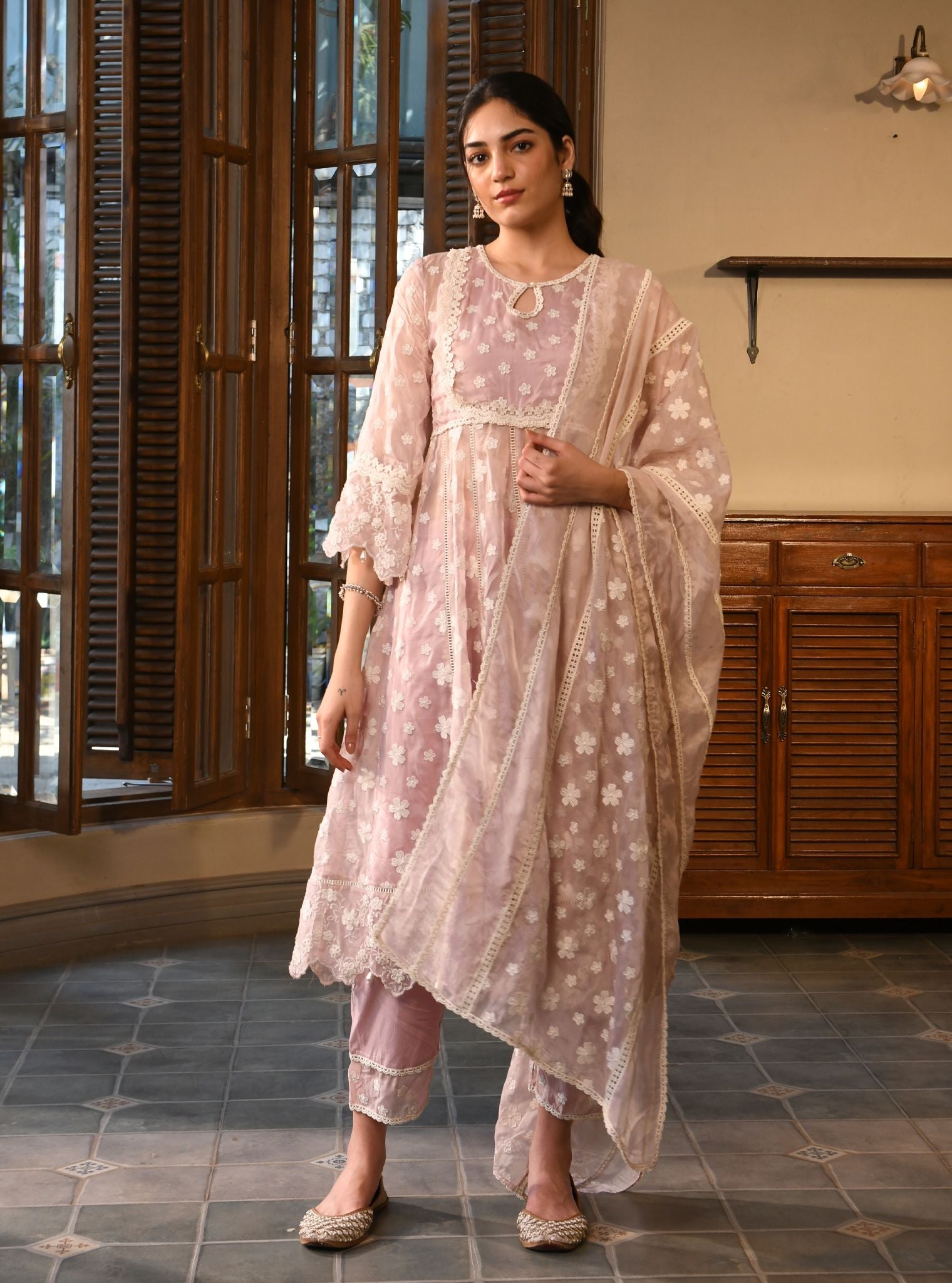 Mulmul Organza Souri Dusty Pink Anarkali Kurta With Mulmul Cotton Souri Dusty Pink Pant