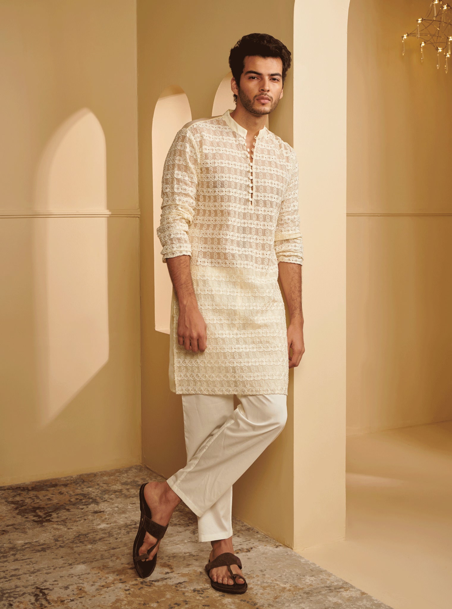 Mulmul Organza Zeke Off White Kurta With Mulmul Cotton Zeke Off White Pyajama