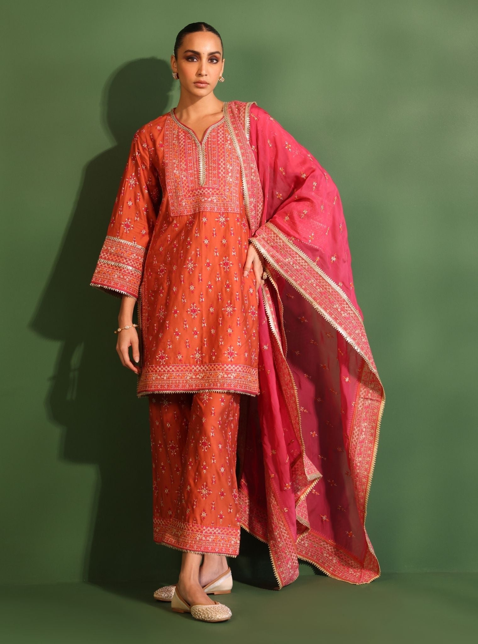 Mulmul Pima Satin Nikhat Orange Kurta With Mulmul Pima Satin Nikhat Orange Pant