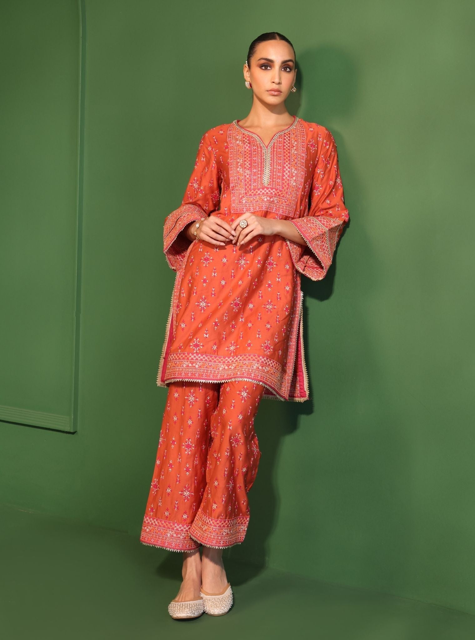 Mulmul Pima Satin Nikhat Orange Kurta With Mulmul Pima Satin Nikhat Orange Pant