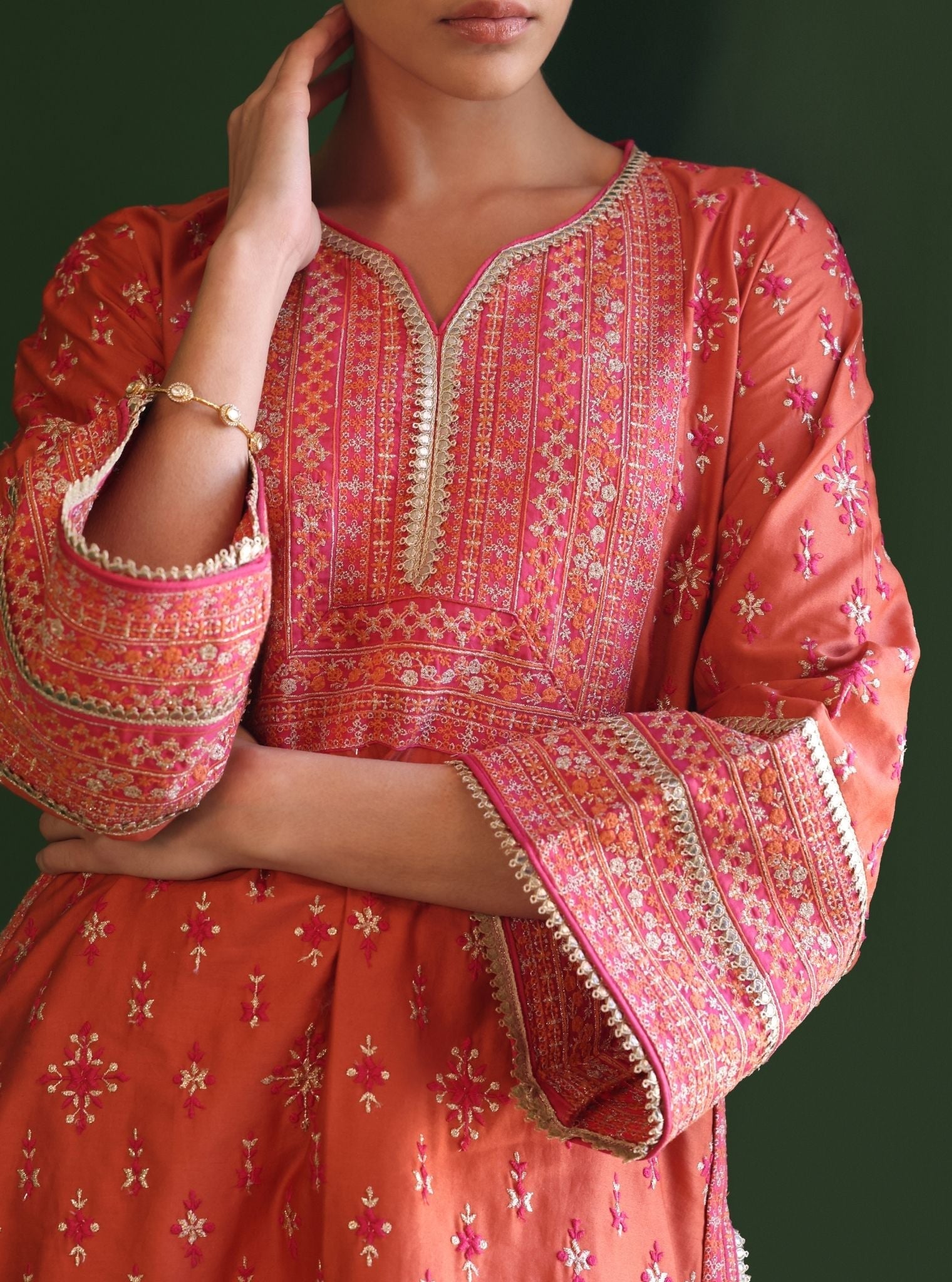 Mulmul Pima Satin Nikhat Orange Kurta With Mulmul Pima Satin Nikhat Orange Pant