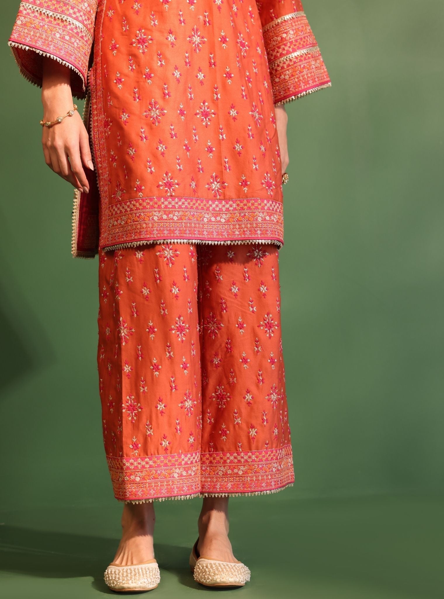 Mulmul Pima Satin Nikhat Orange Kurta With Mulmul Pima Satin Nikhat Orange Pant