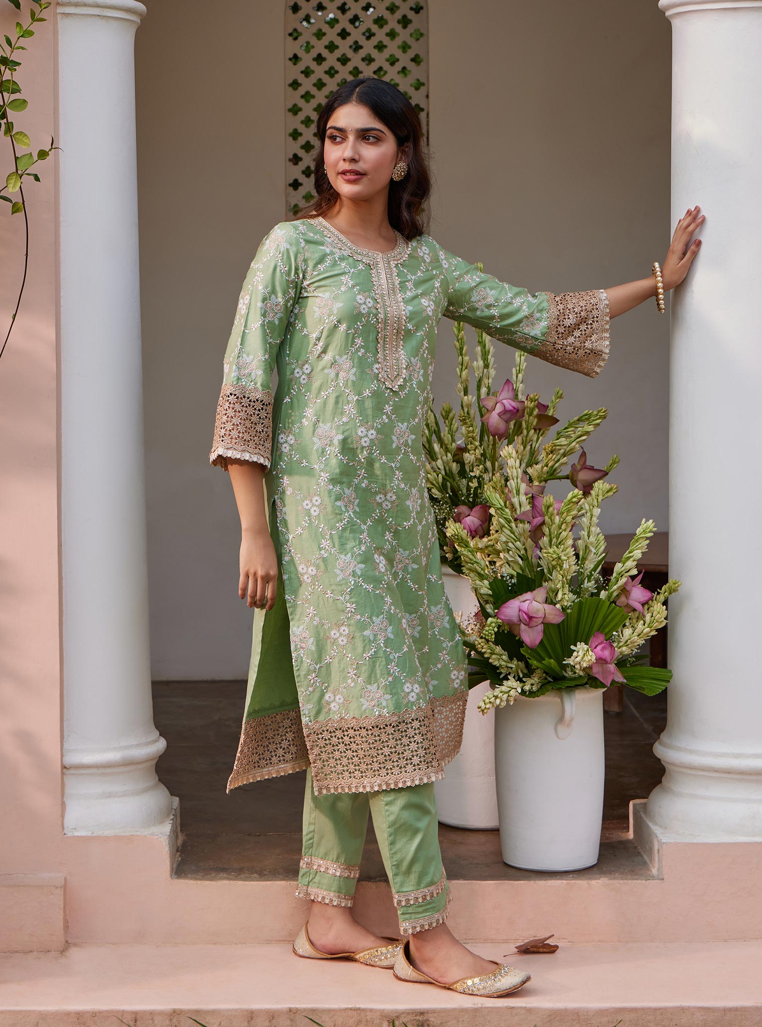 Mulmul Pima Agasti Green Kurta with Mulmul Pima Agasti Green Pant