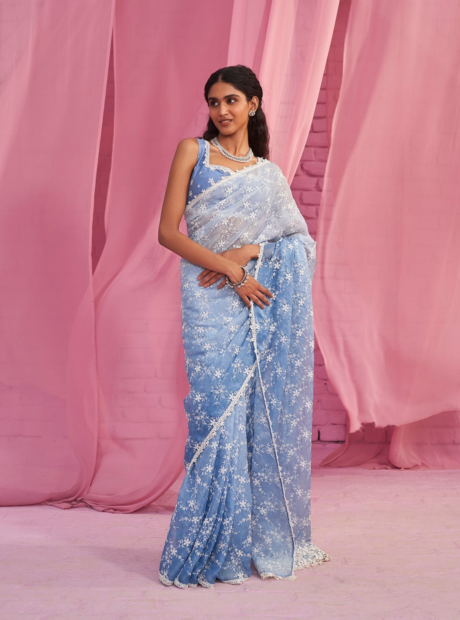 Mulmul Ombre Organza Quinn Blue Saree