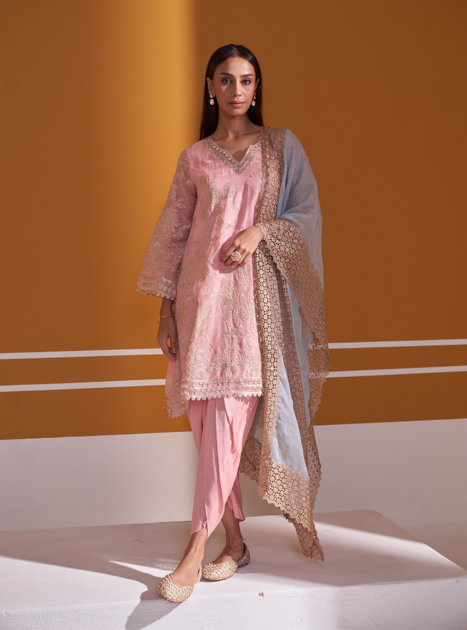 Mulmul Organza Sunee Pink Kurta With Mulmul Cupro Satin Sunee Pink Salwar