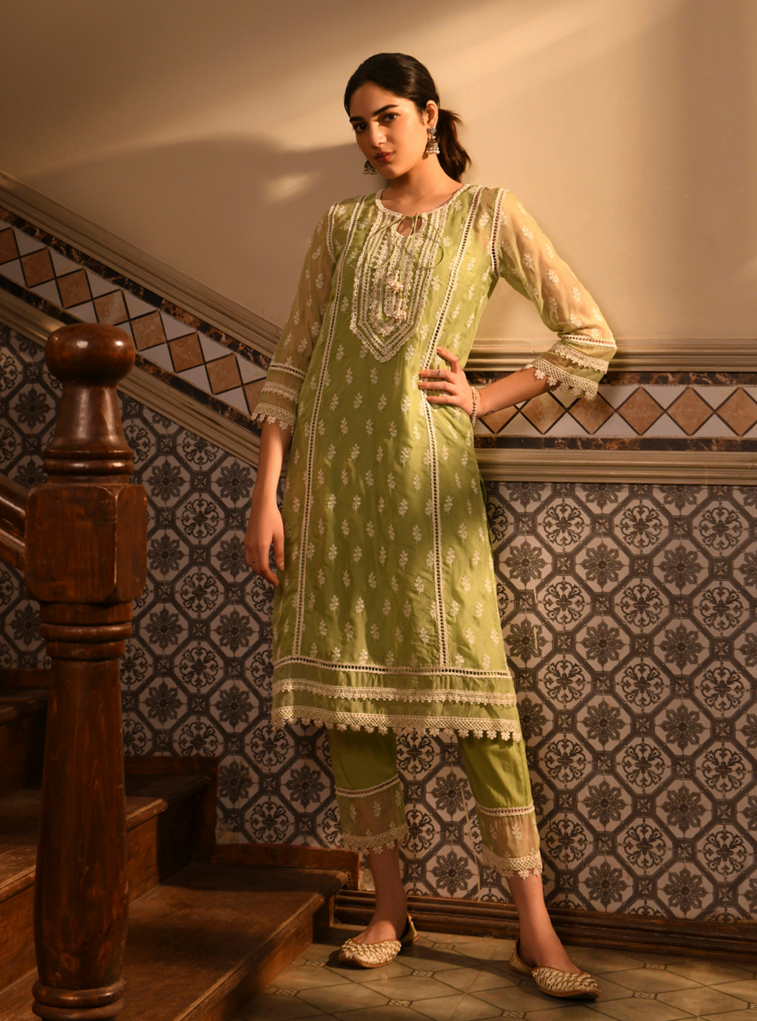 Mulmul Organza Sanaz Green Kurta With Mulmul Cotton Sanaz Green pant