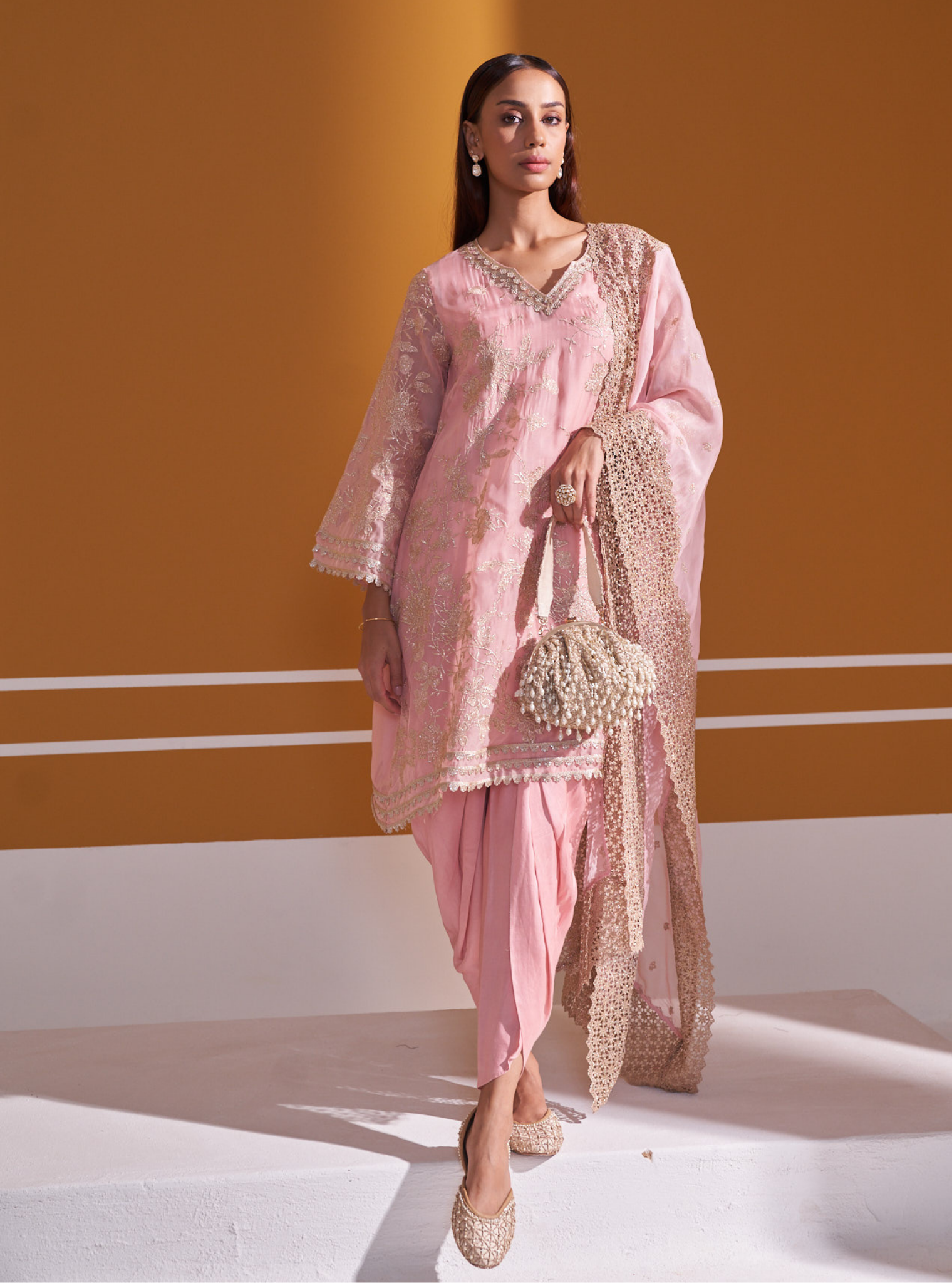 Mulmul Organza Sunee Pink Kurta With Mulmul Cupro Satin Sunee Pink Salwar