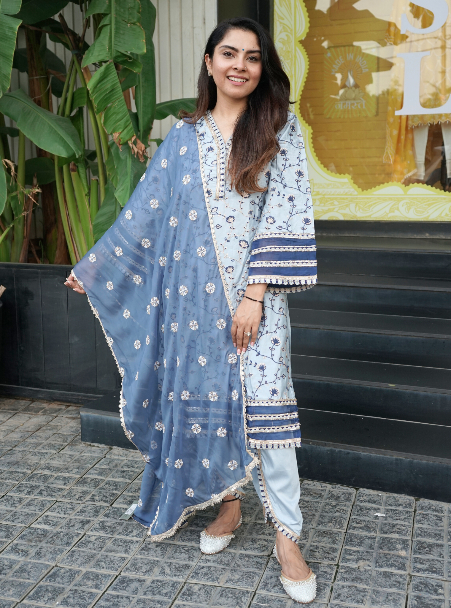 Mulmul Pima Drita Blue Kurta with Mulmul Pima Drita Blue Pant