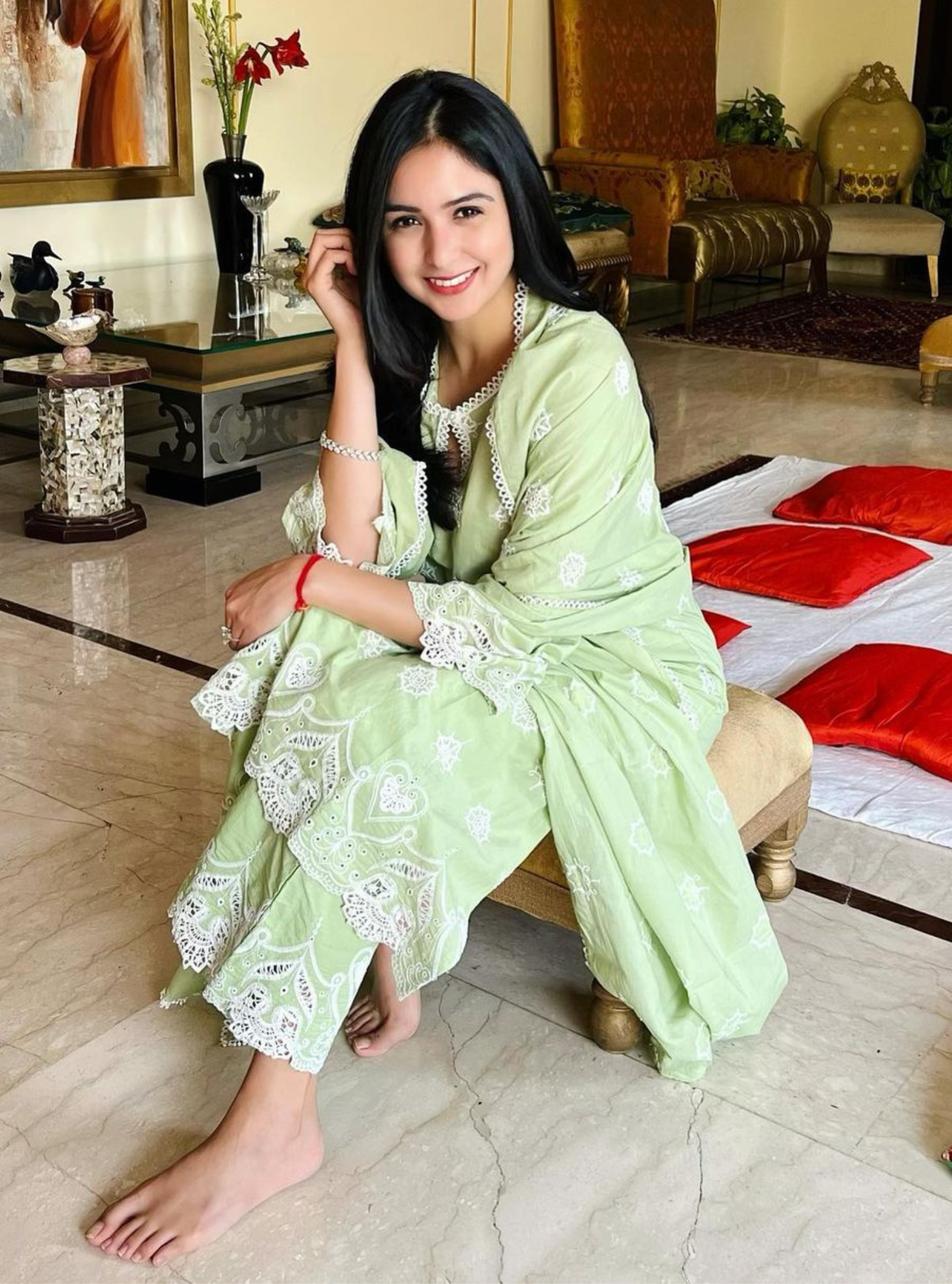 Mulmul Cotton Tia Green Kurta With Tia Green Palazzo