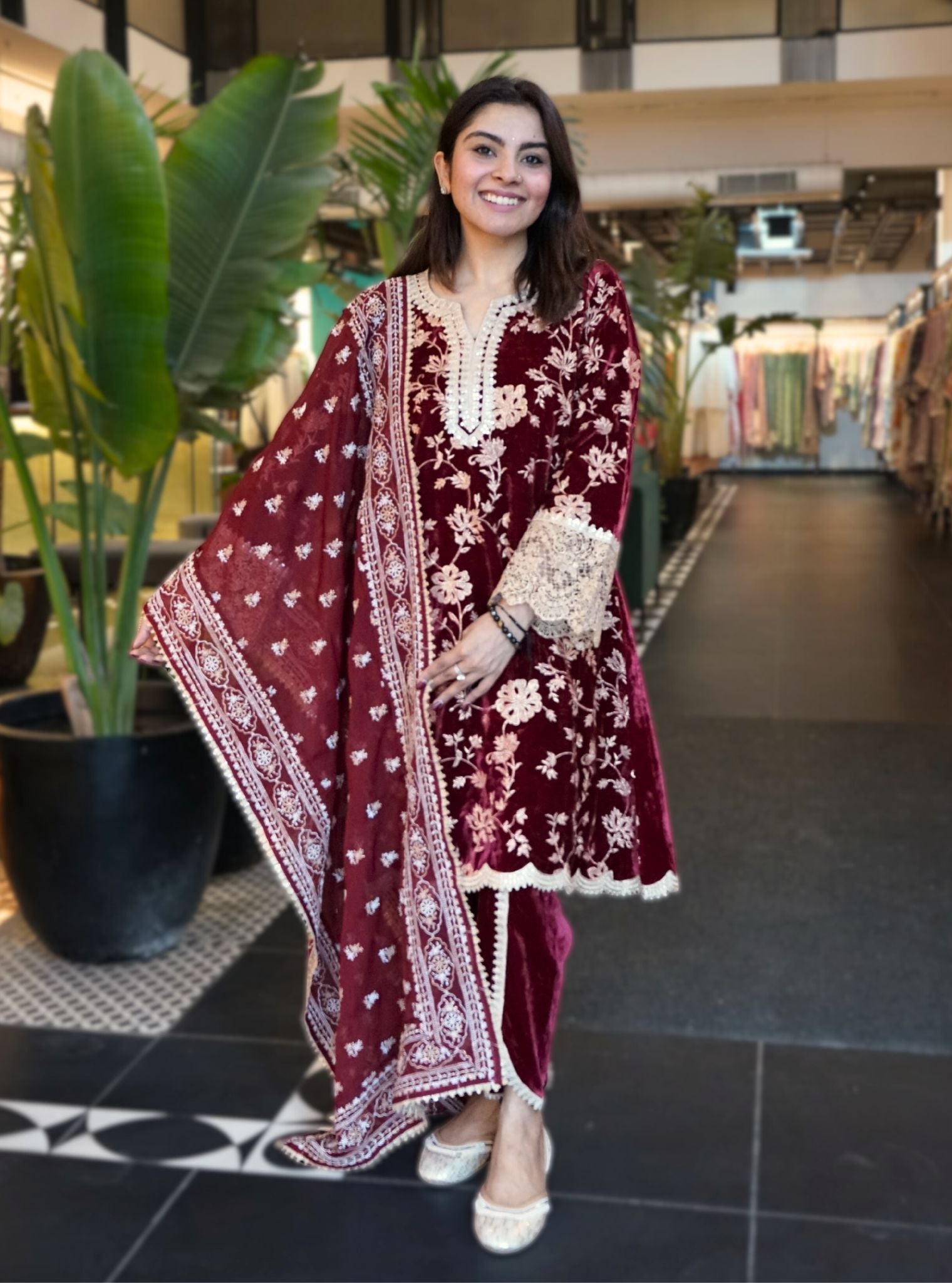 Mulmul Velvet Imani Wine Kurta With Mulmul Velevt Imani Wine Dhoti Pant