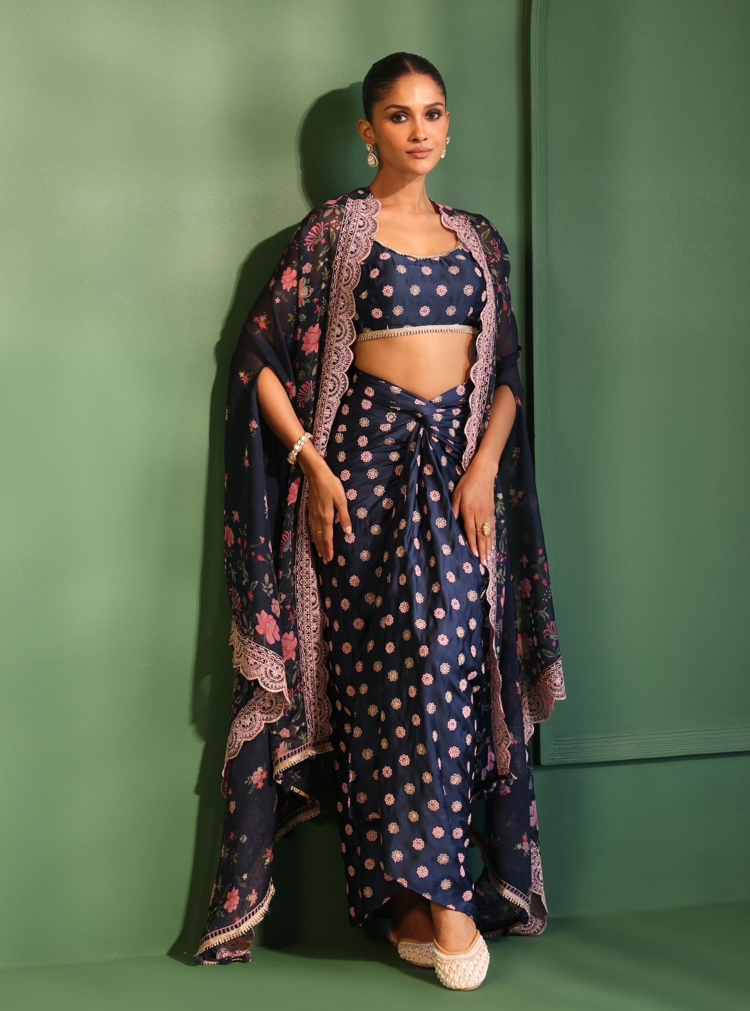 Mulmul Organza Printed Laila Navy Cape Shrug With Mulmul Cupro Satin Laila Navy Skirt