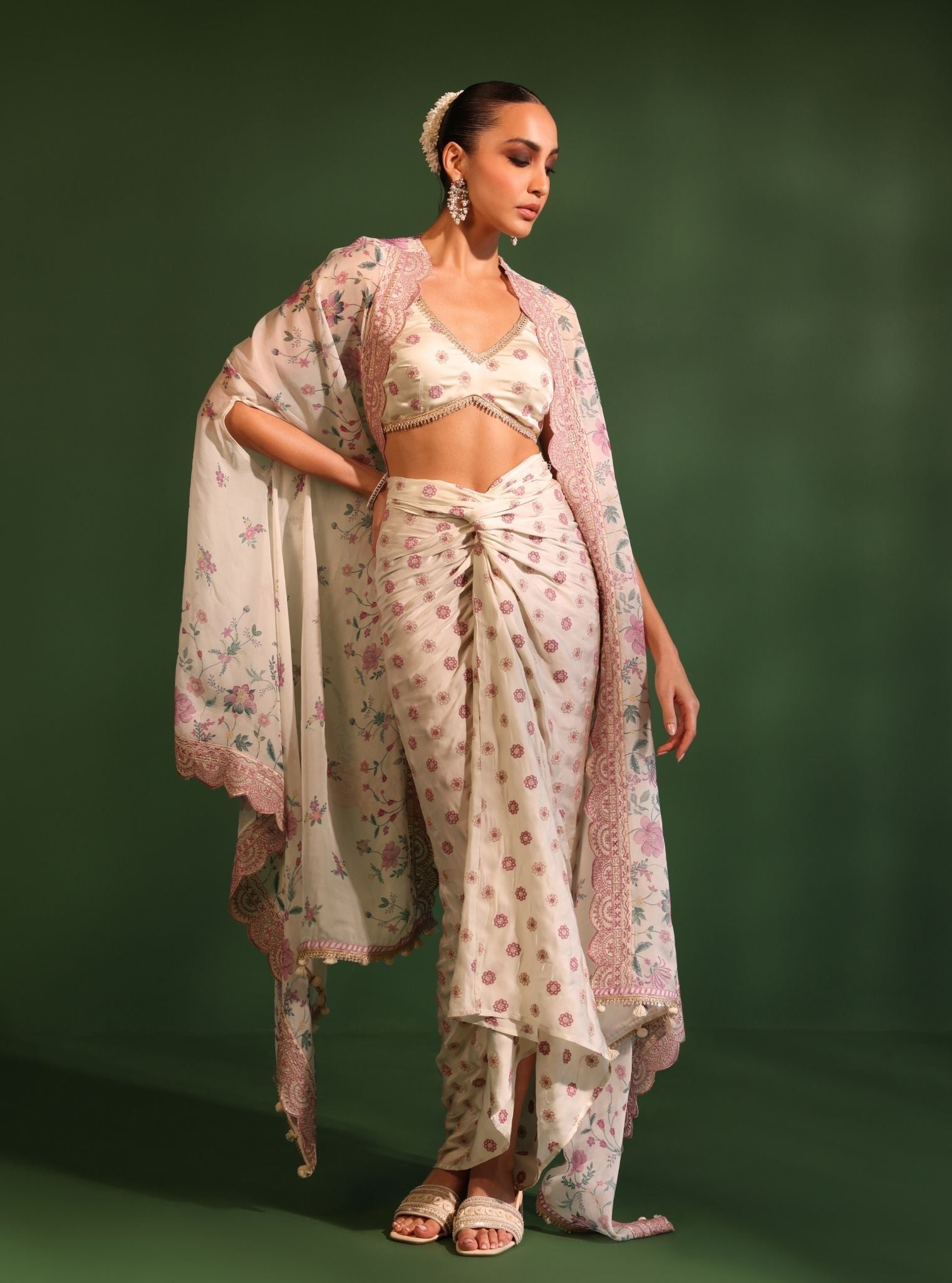 Mulmul Organza Printed Laila Off White Cape Shrug With Mulmul Cupro Satin Laila Off White Skirt