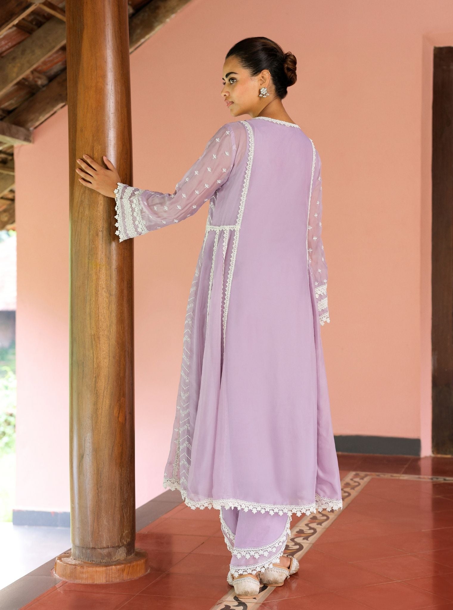 Mulmul Organza Keerth Lavender Anarkali Kurta With Mulmul Cotton Keerth Lavender Pant