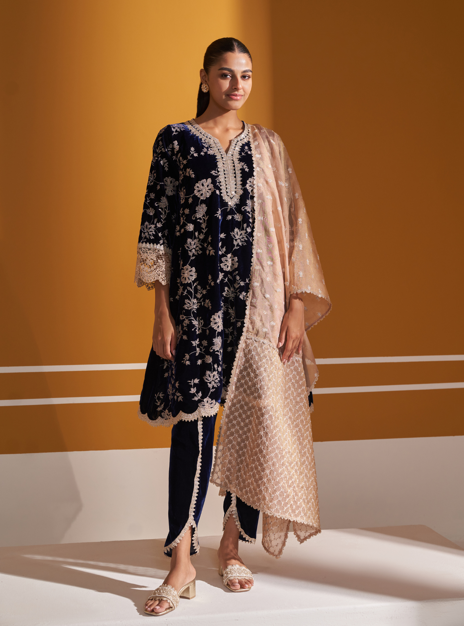 Mulmul Velvet Imani Navy Kurta With Mulmul Velevt Imani Navy Dhoti Pant