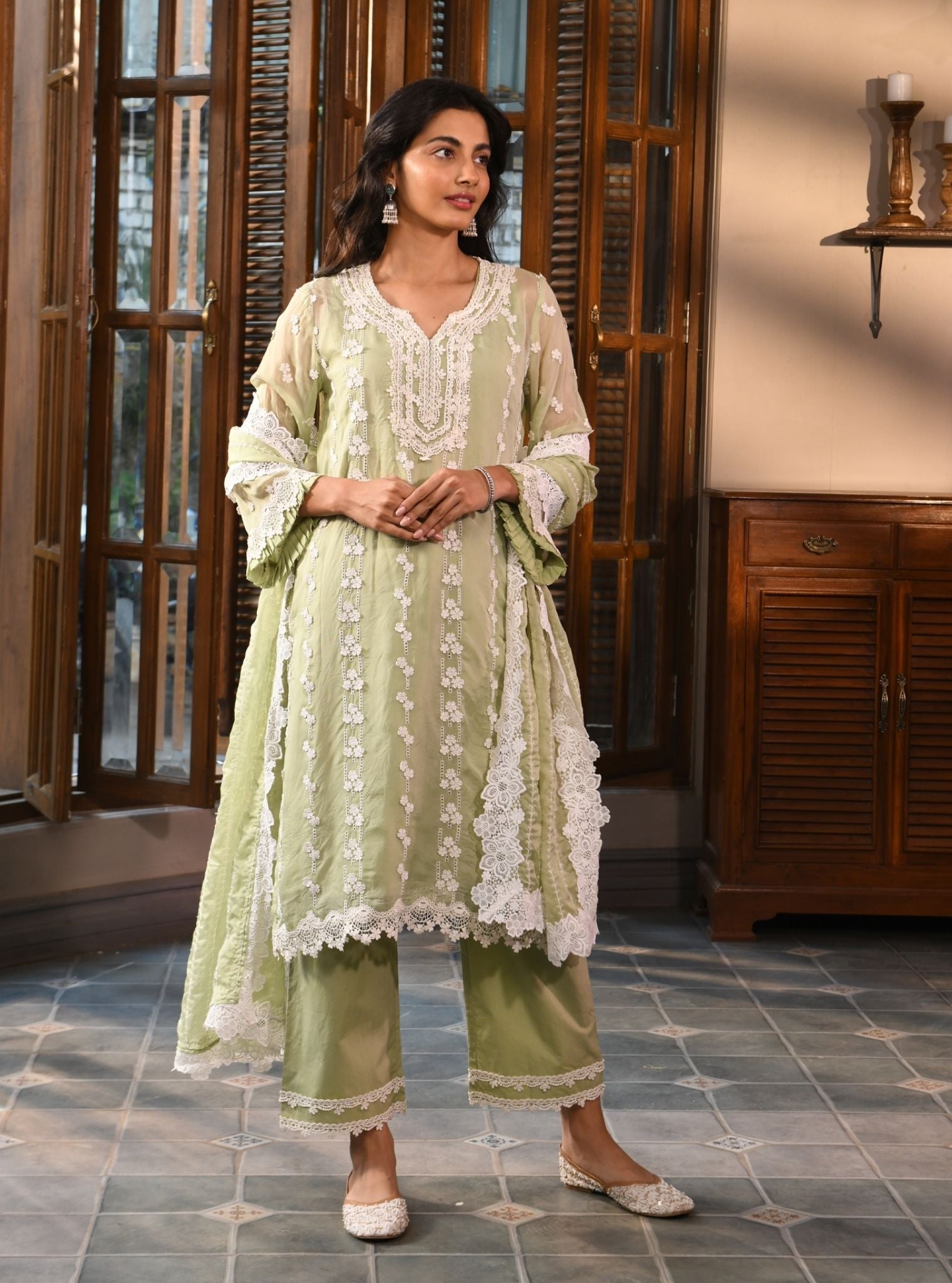 Mulmul Organza Azita Green Kurta With Mulmul Cotton Azita Green Pant