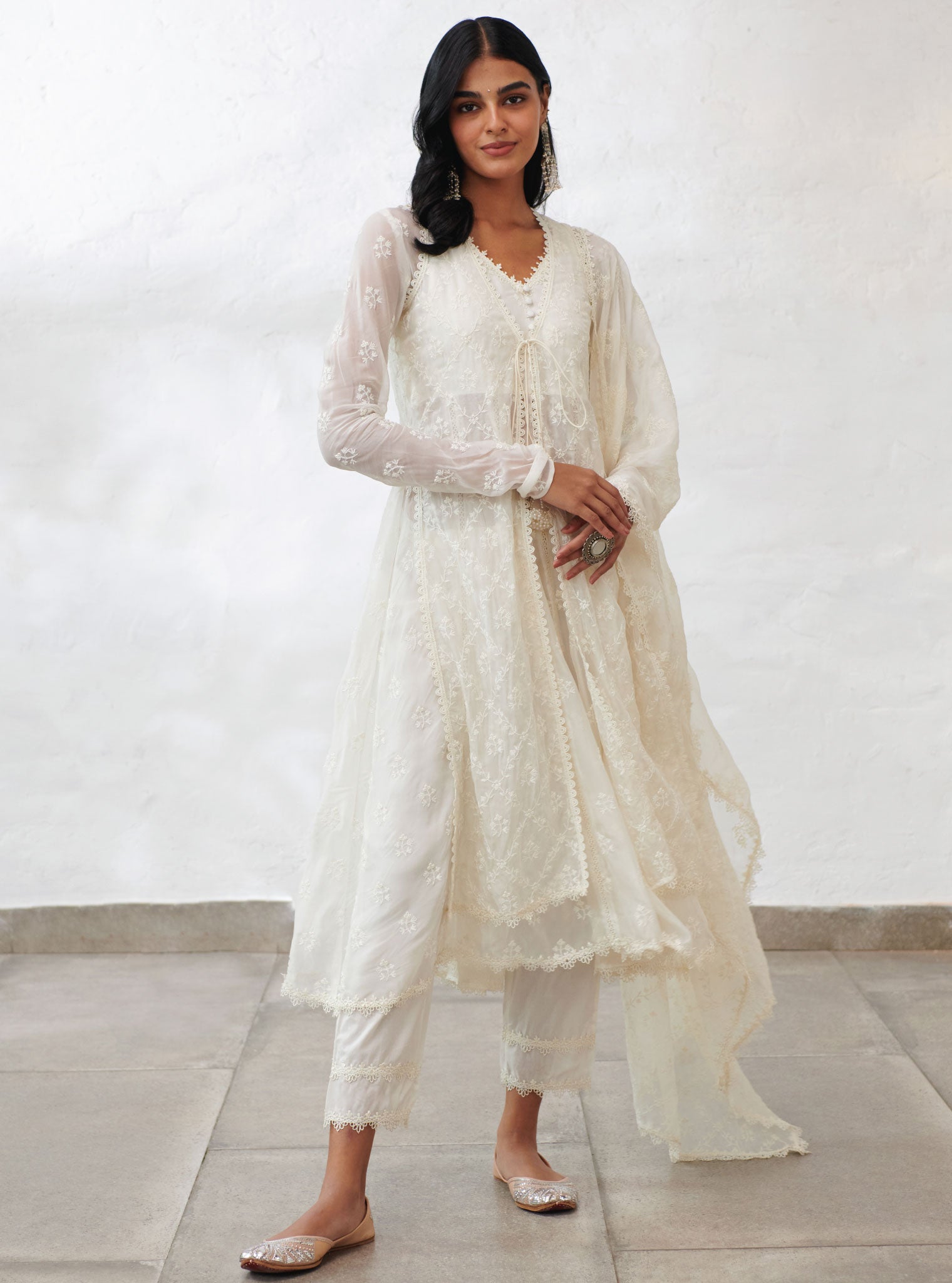 Mulmul Organza Essex Off White Anarkali Kurta with Organza Jacket With Cotton Essex Off White Pant