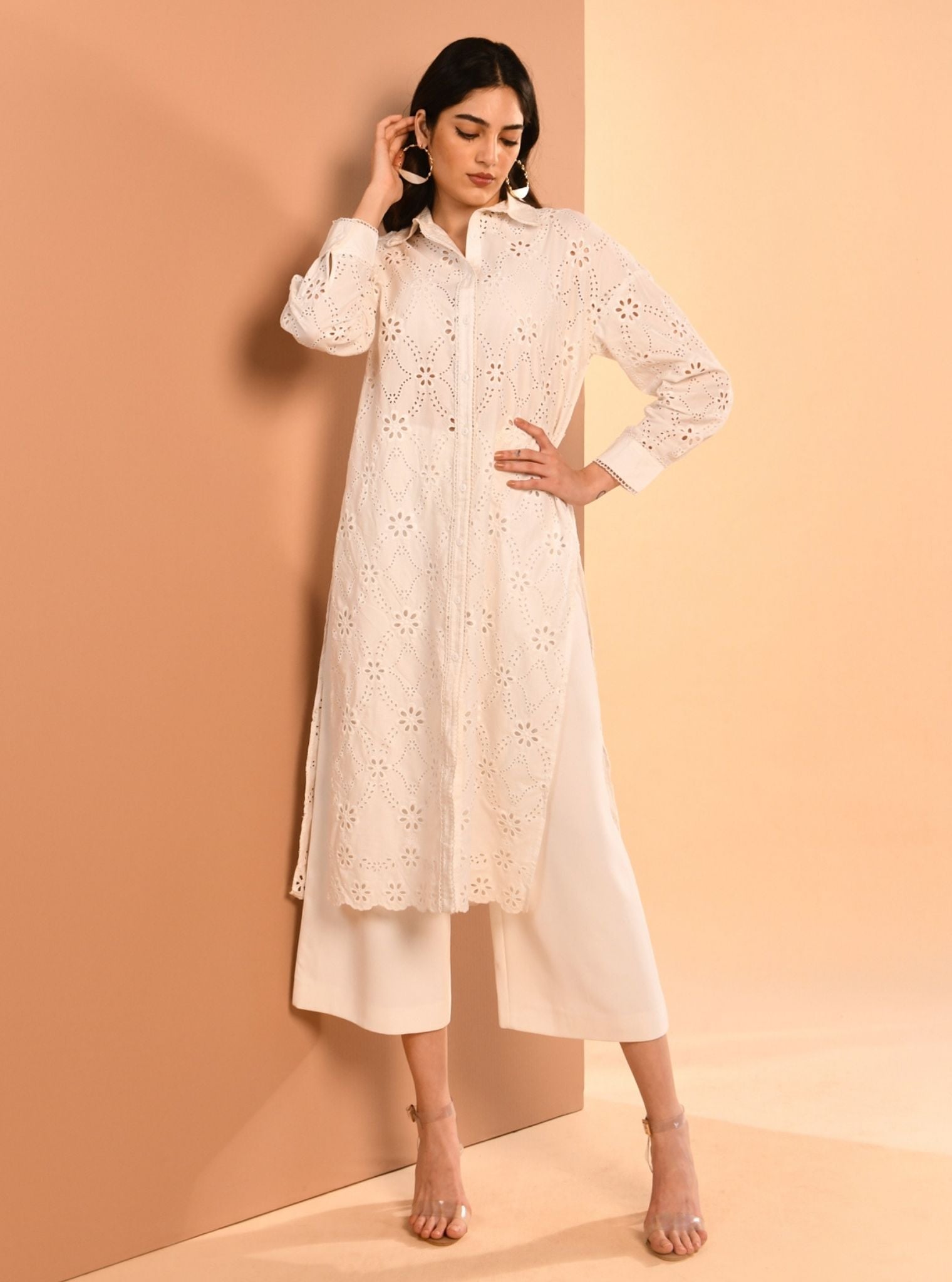 Mulmul Cotton Trix White Long Shirt with Mulmul Cotton Trix White Pant