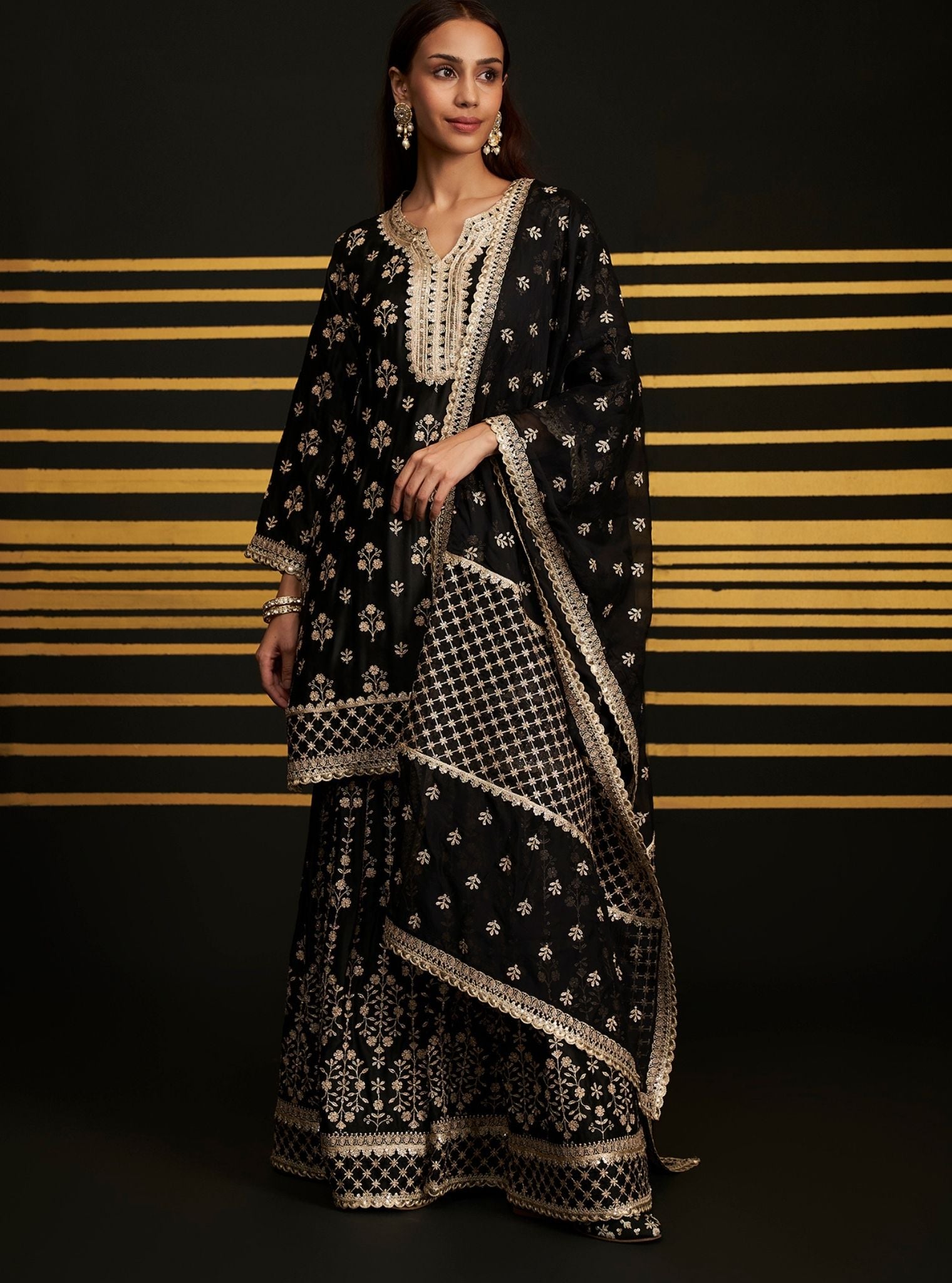 Mulmul Bemberg Satin Mahiya Black Kurta With Mulmul Bemberg Satin Mahiya Black Garara