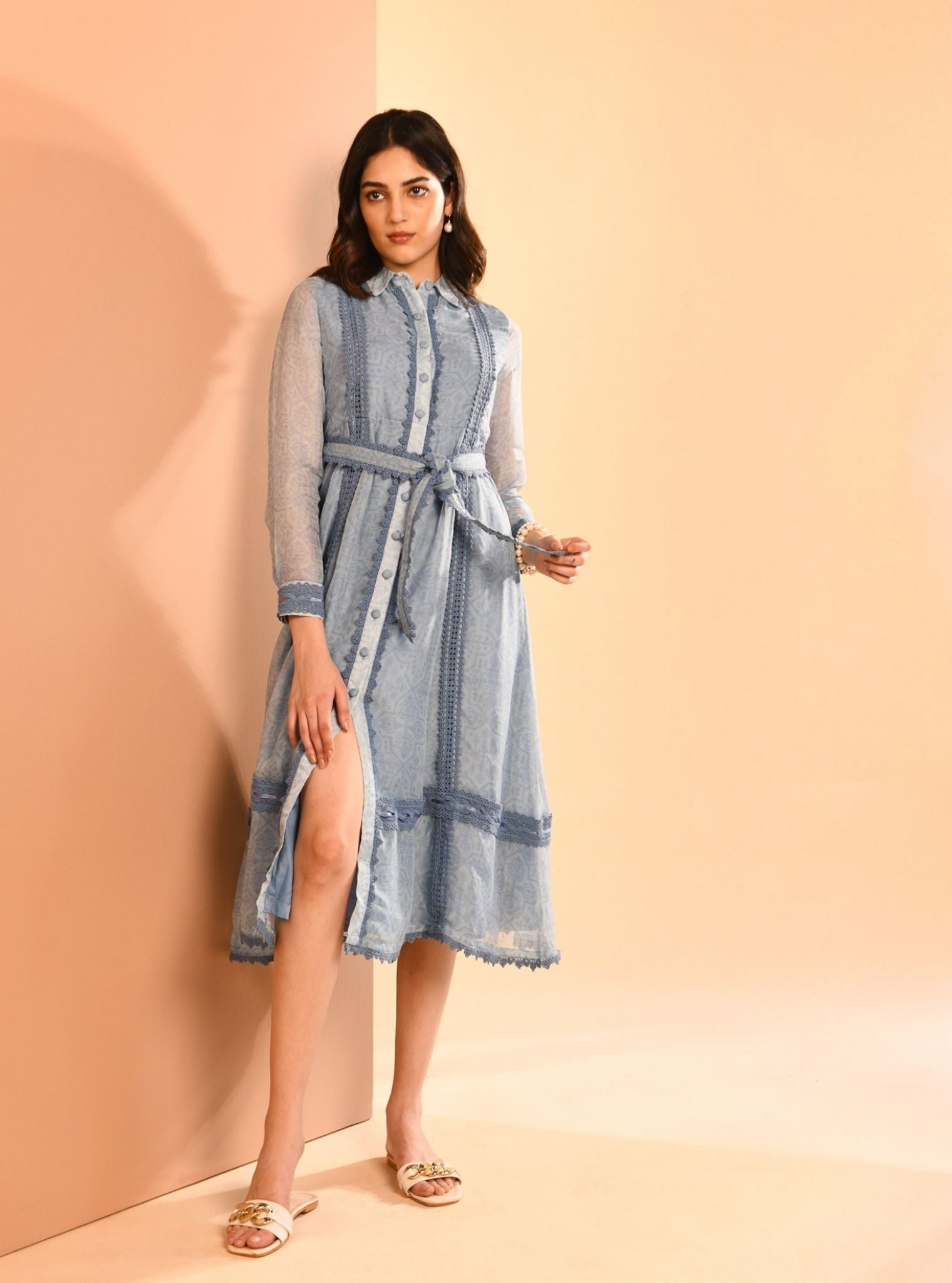 Mulmul Organza Liz Printed Blue Long Dress