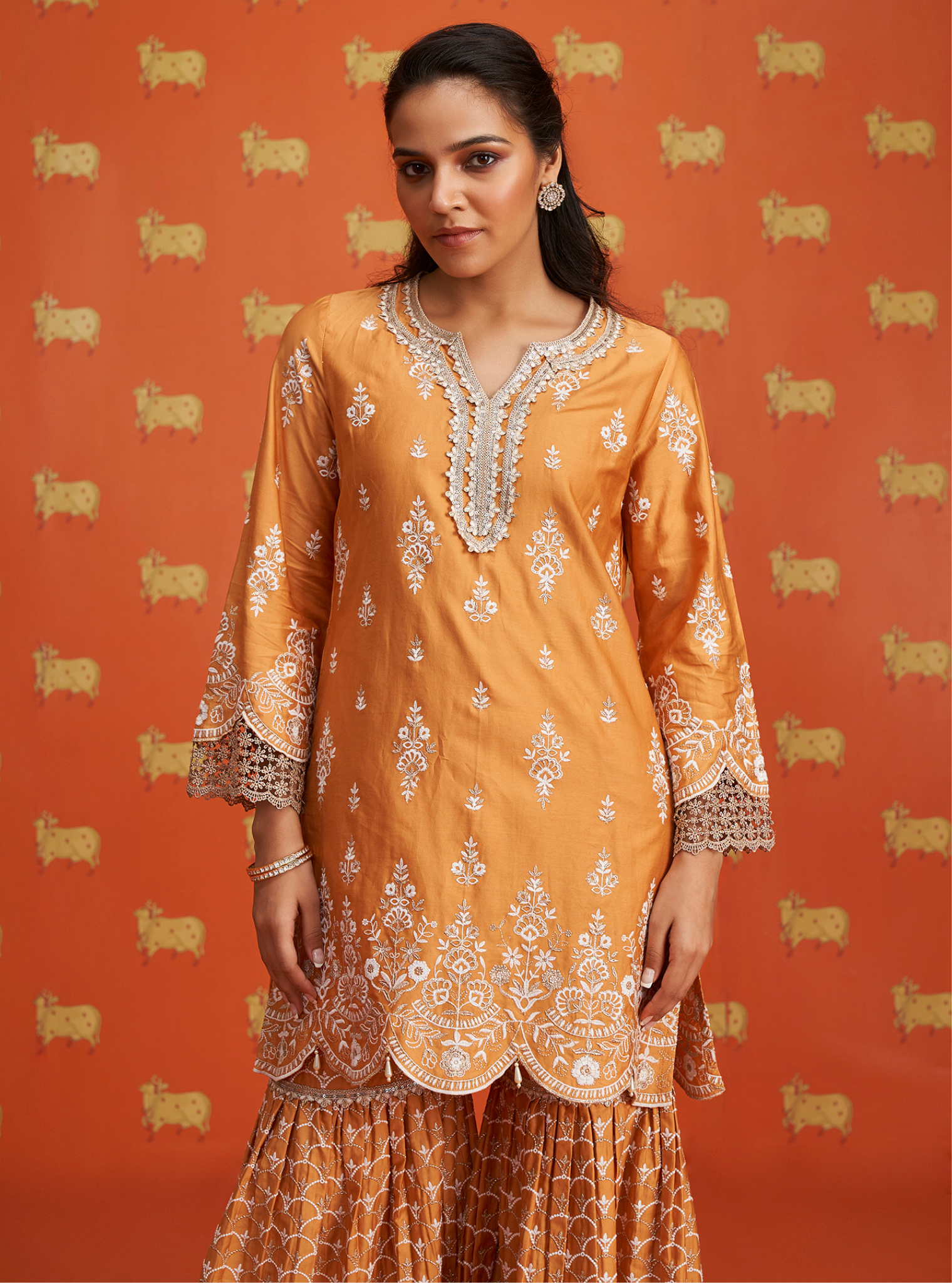 Mulmul Pima Satin Aree Orange Kurta With Mulmul Pima Satin Aree Orange Garara