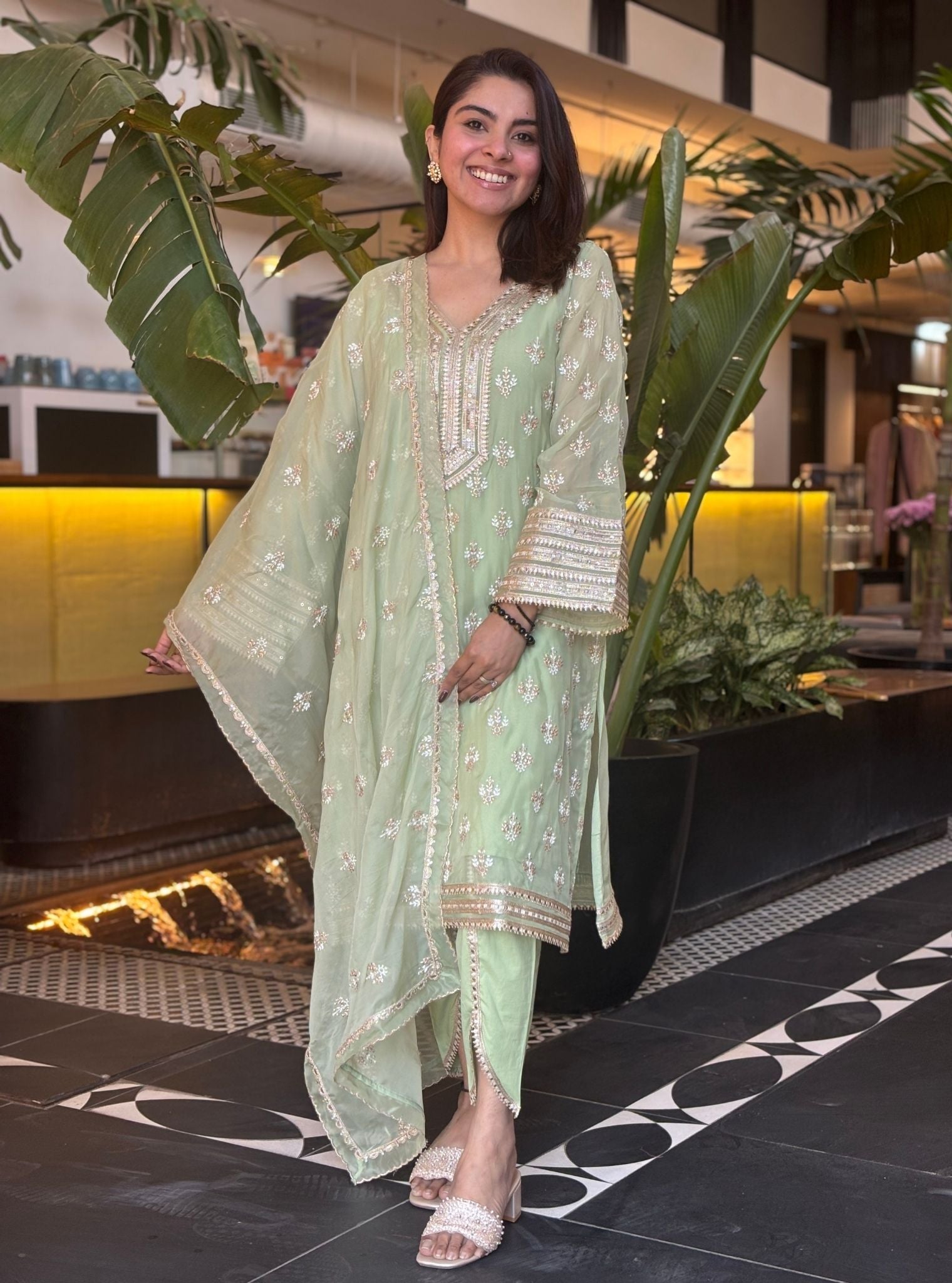 Mulmul Organza Nicia Green Kurta With Mulmul Cotton Nicia Green Dhoti Pant